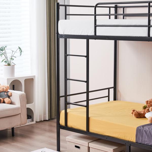 Iron Bed Bunk Bed with Ladder for All Ages Twin Size Black Bedroom Bedframe with 33.5cm Fence & 26.5cm Storage Space Modern Design