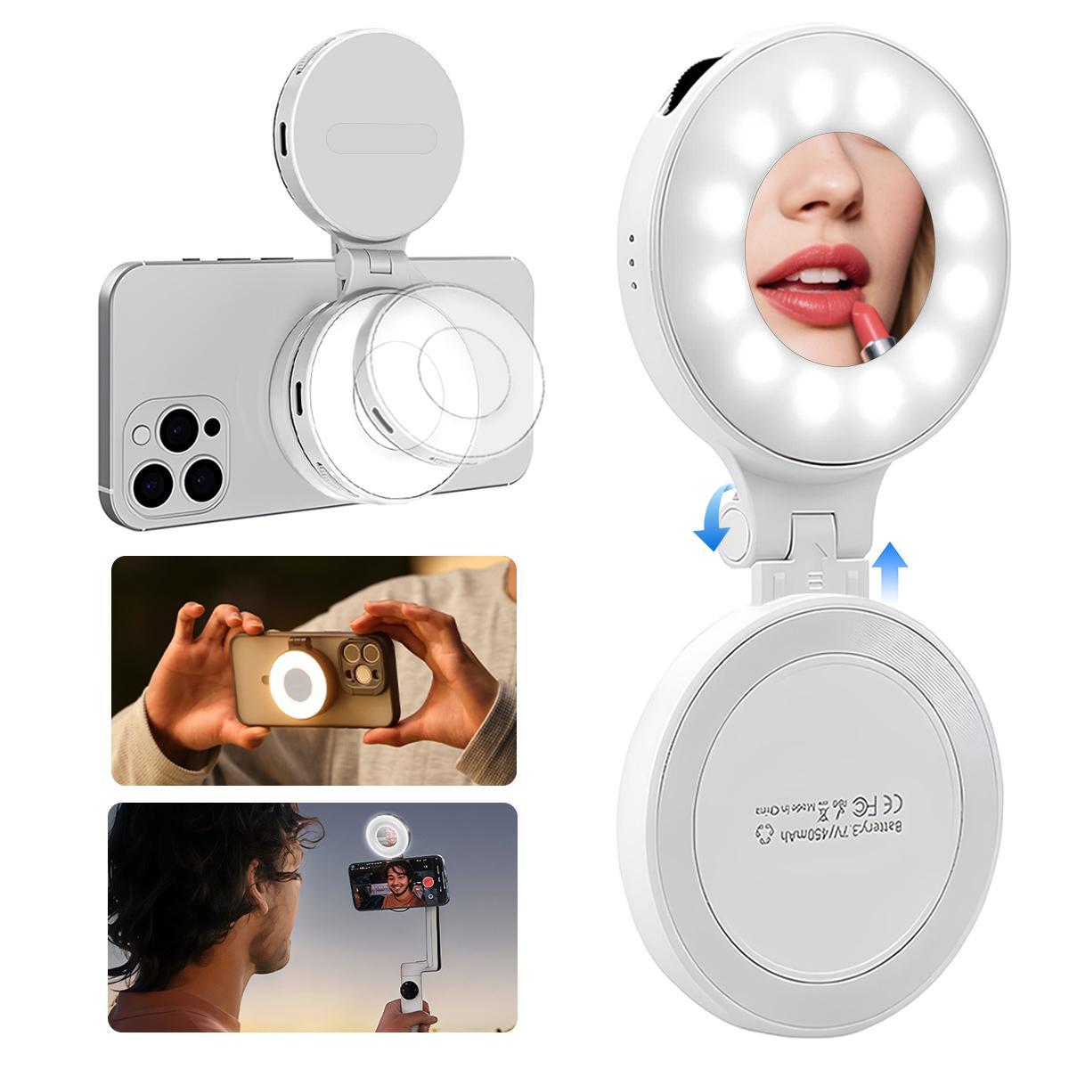 3-in-1 Magnetic Beauty Selfie Light for Phones – 360° LED Ring Light with MagSafe, Mirror and Phone Stand – Portable Rechargeable Fill Light for Makeup, Live Streaming, Video Calls
