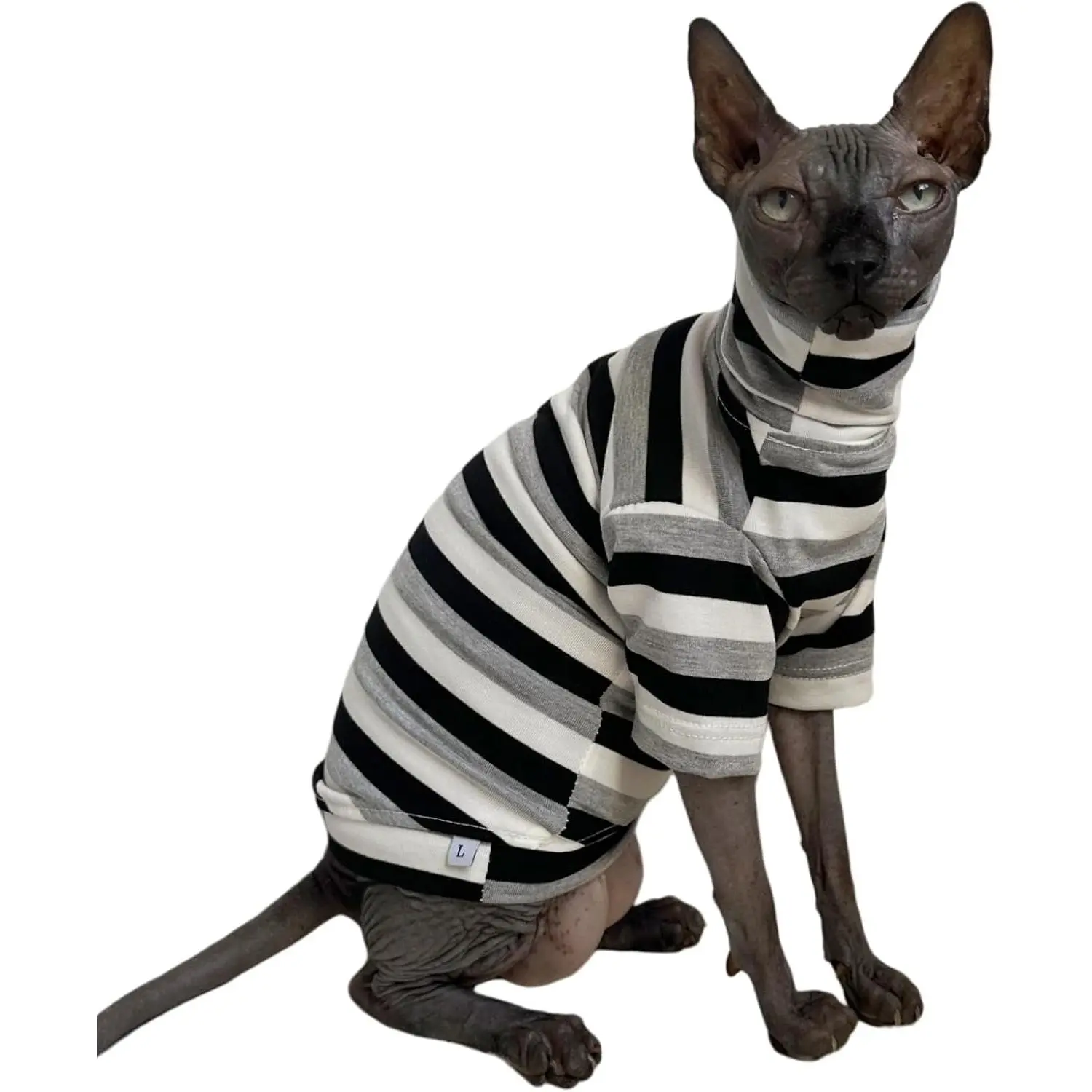 Vintage Striped Cotton Turtleneck T-Shirt with Sleeves for Sphynx Hairless Cats Kitten Pet Clothes (Black Grey White, Medium)