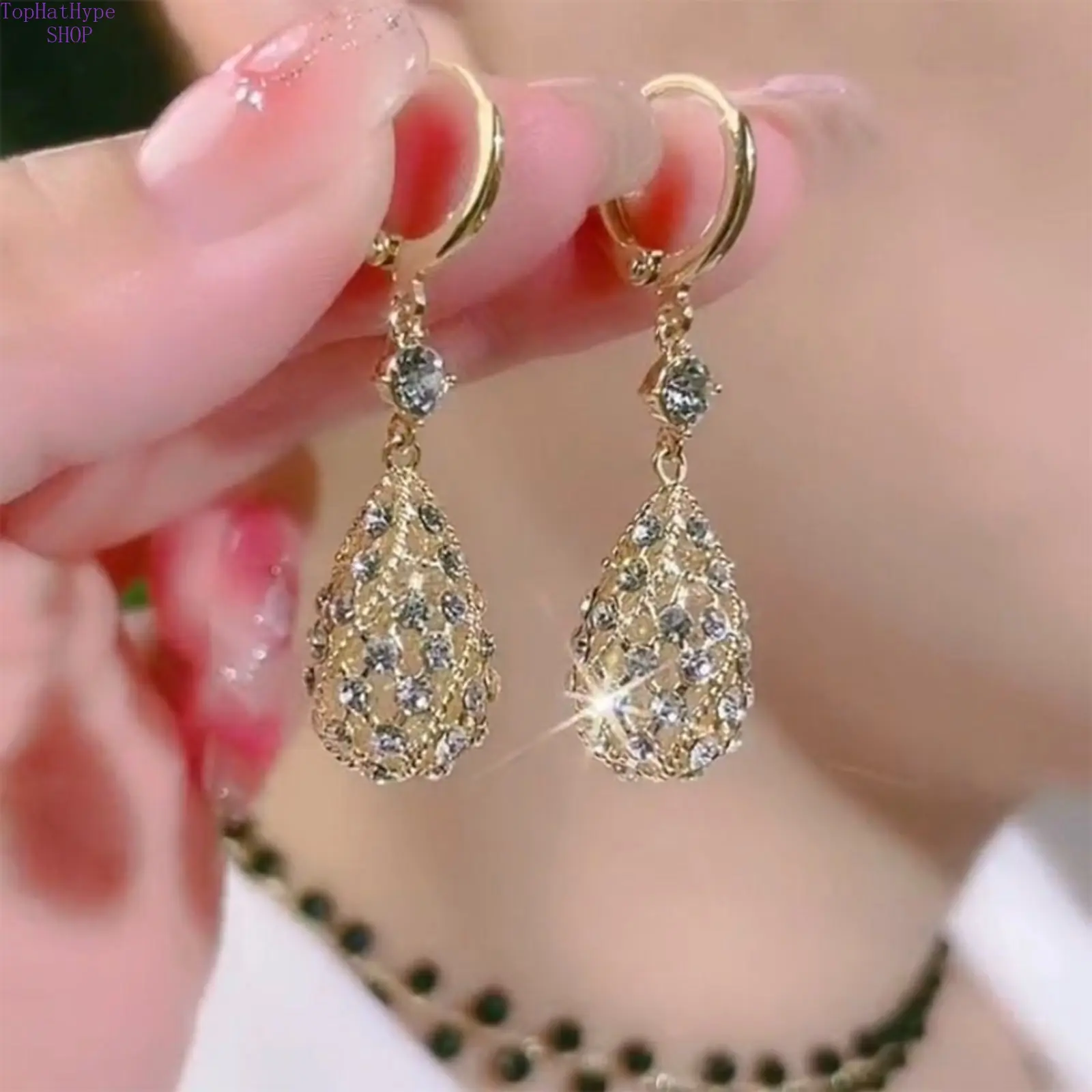 Women's Luxury Sparkly Rhinestone Teardrop Hoop Earrings - Dainty High-End Drop Cuffs, Elegant All-Match Costume Fashion Jewelry Accessories, Female