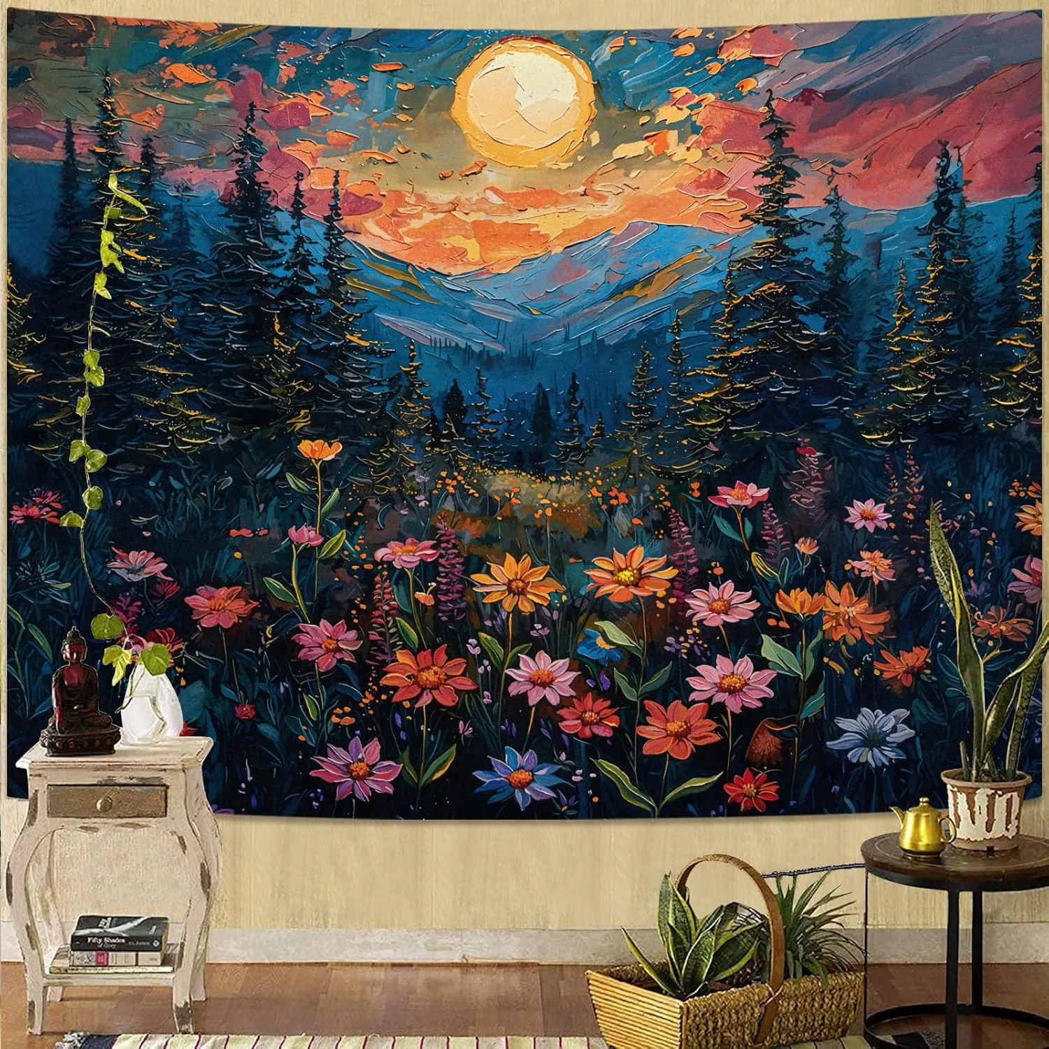 Landscape Tapestry, Scenery Art Wall Tapestries, Nature Wall Decor for Bedroom Living Room Backdrop Sunset Wildflowers 36×48 inches