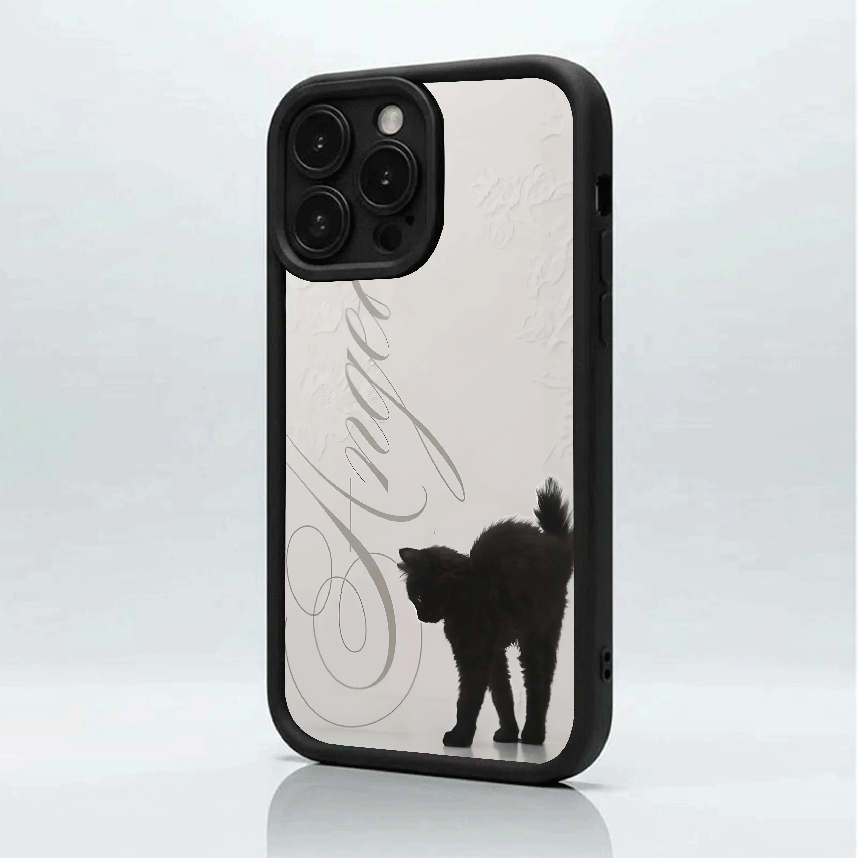 White Embossed Floral Black Kitten Art Phone Case, Matte Non-Slip TPU + Silicone Shockproof Phone Case | Unisex Classic Material | Multi-Model Compatible for iPhone 17-11 Pro Max/Plus/Air & Samsung Galaxy S26-S21 Ultra/Plus/FE