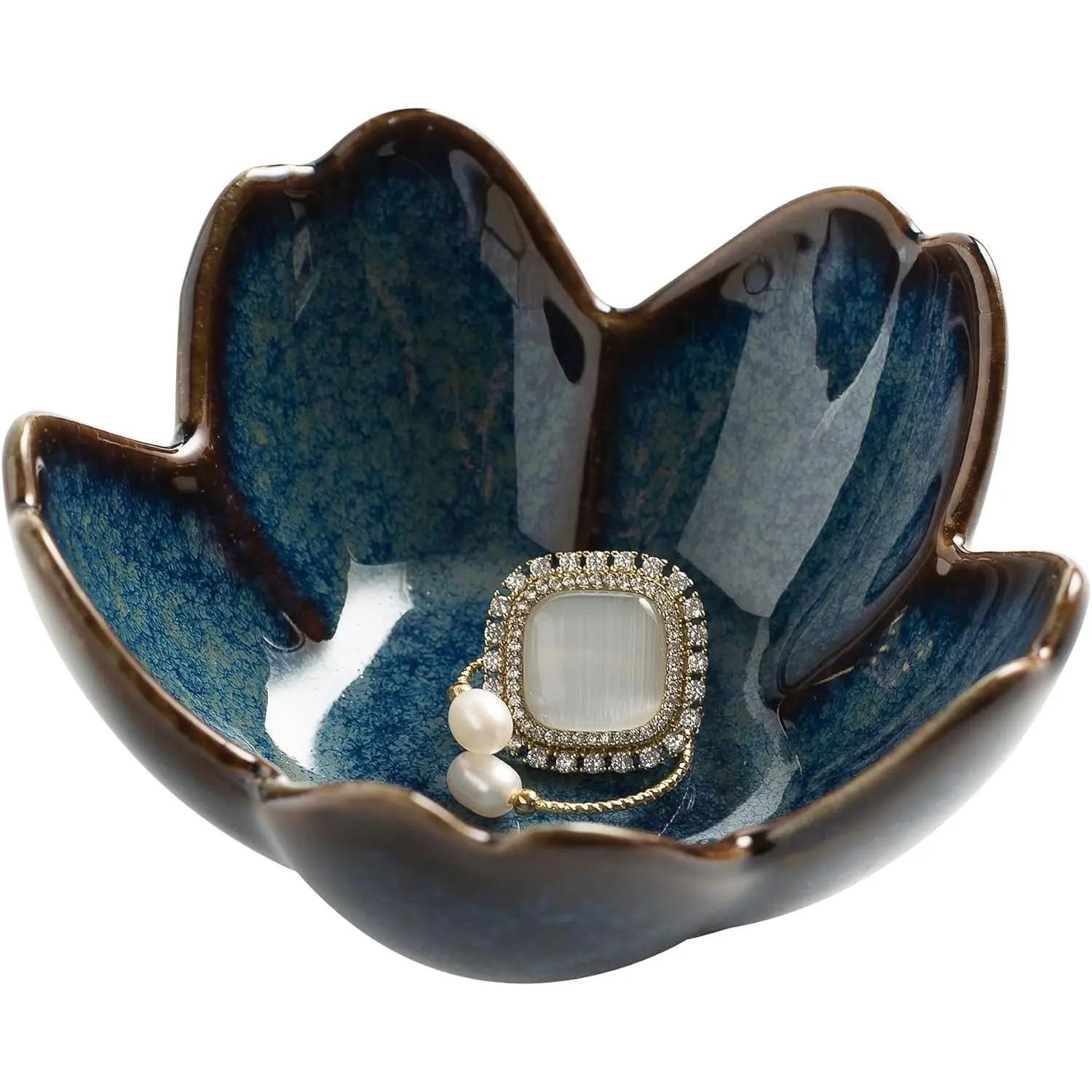 Flower Ring Holder Dish, Ceramic  Tray Dish, Small Trinket Dish,  Plate Bowl, Cute Jewlery Ring Holder Dish, Aesthetic Room Decor, Christmas Birthday Gifts for Women, 1 pack (blue)