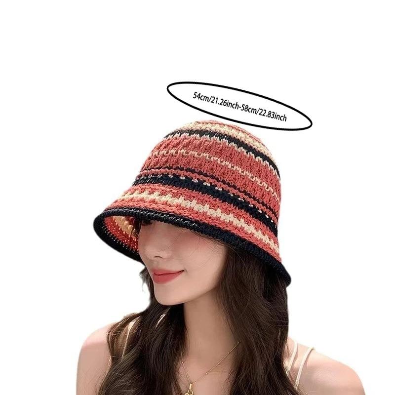 1pc Women's Summer Striped Colorful Openwork Fisherman Hat,Knitted Bowl,Breathable Thin Foldable Sun Bucket Hat for Tralve,party