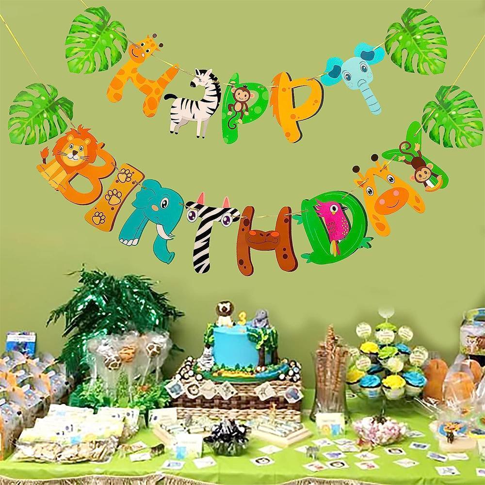 Safari Animals Happy Birthday Banner Pennant Foil Animal Balloons for Kids Jungle Safari Zoo Theme Party Decoration Supplies Toy