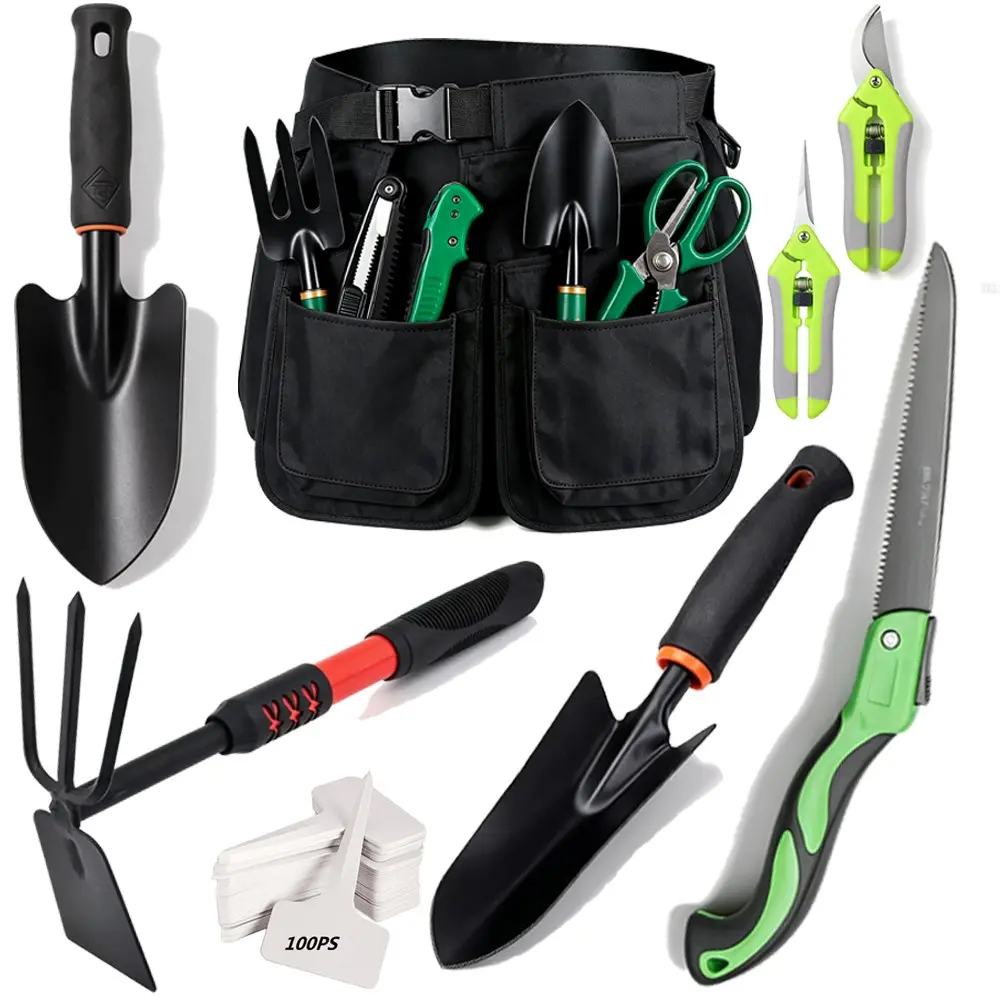 8 Piece Gardening Tool Set with Adjustable Belt Bag, Thick Stainless Steel Manual Tools, Includes Shovel, Transplanter, Rake, Pruner, Saw, Plant Tags
