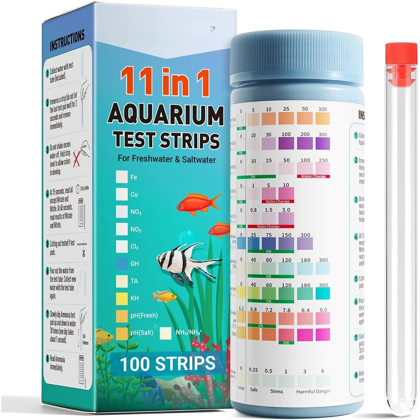 Aquarium Water Test Kit 11 in 1,100 Counts Ammonia Aquarium Test Kits Fish  Test Strips Freshwater & Saltwater pH Testing Strips for Ammonia,