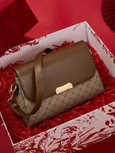 Trendy Retro Monogram Pattern Two Tone Shoulder Bag, Slim Stylish Colorblock Underarm Crossbody Baguette Purse, Spacious Practical Small Flap Purse, Casual Vintage Logo Jacquard Contrast Leather Flap Bag for Shopping Work Weekend Outing Daily Use