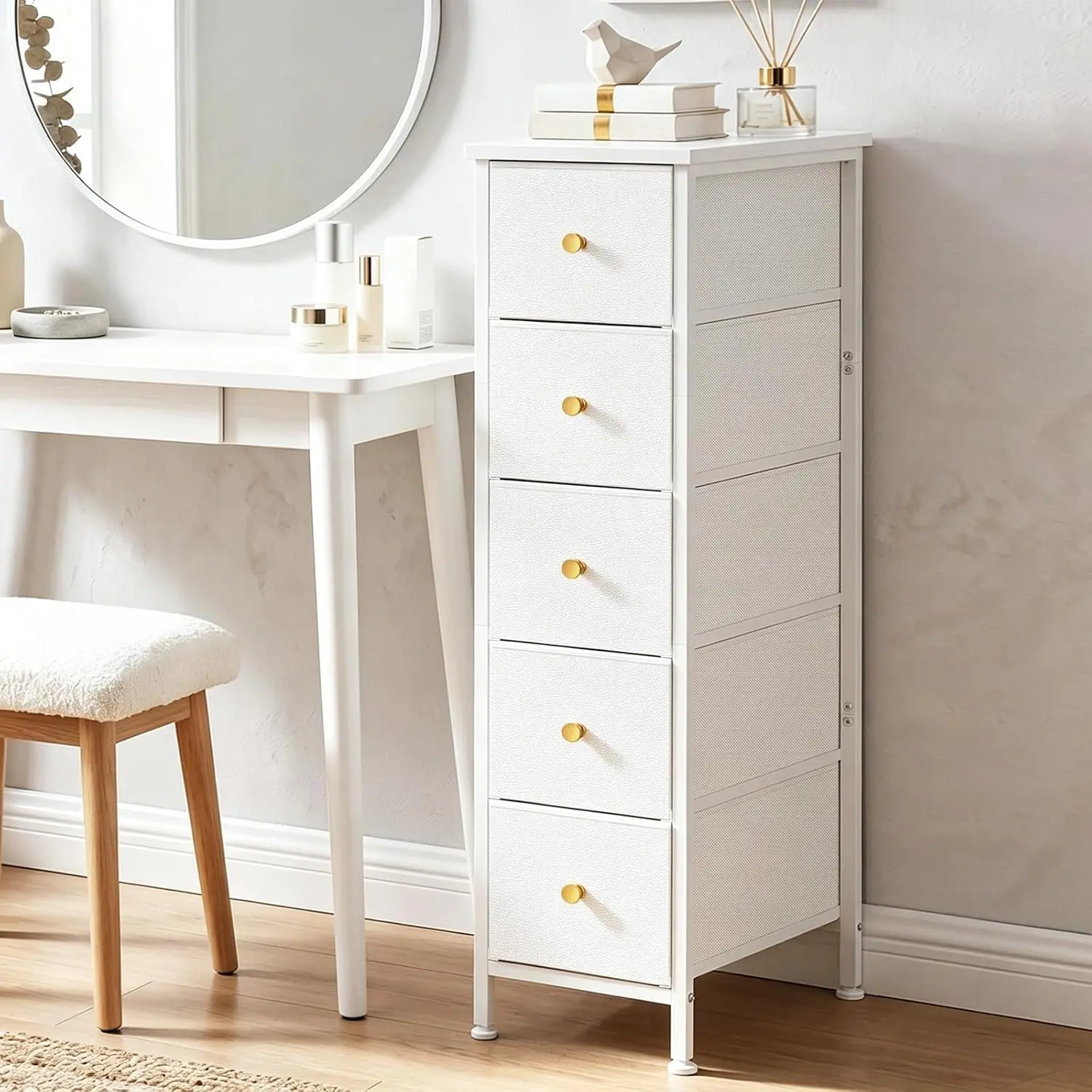 Narrow Storage Cabinet, Narrow Nightstand Dresser with 5 Drawers, Slim Fabric Dresser Storage Tower for Small Spaces, White Dresser, for Bedroom, Bathroom, Laundry, Closet