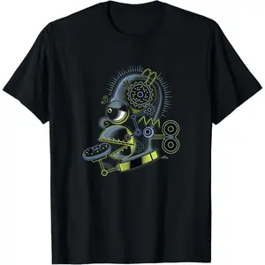 Industrial Steampunk Weirdcore Crossover Cartoon Graphic T Shirt Detailed Front Chest Illustration Mechanical Machine-Style Homer Simpson Head Constructed From Interlocking Gear Cogs Pistons Bolted Metal Plating Mechanical Eye Lens Spring Wire Accents Don