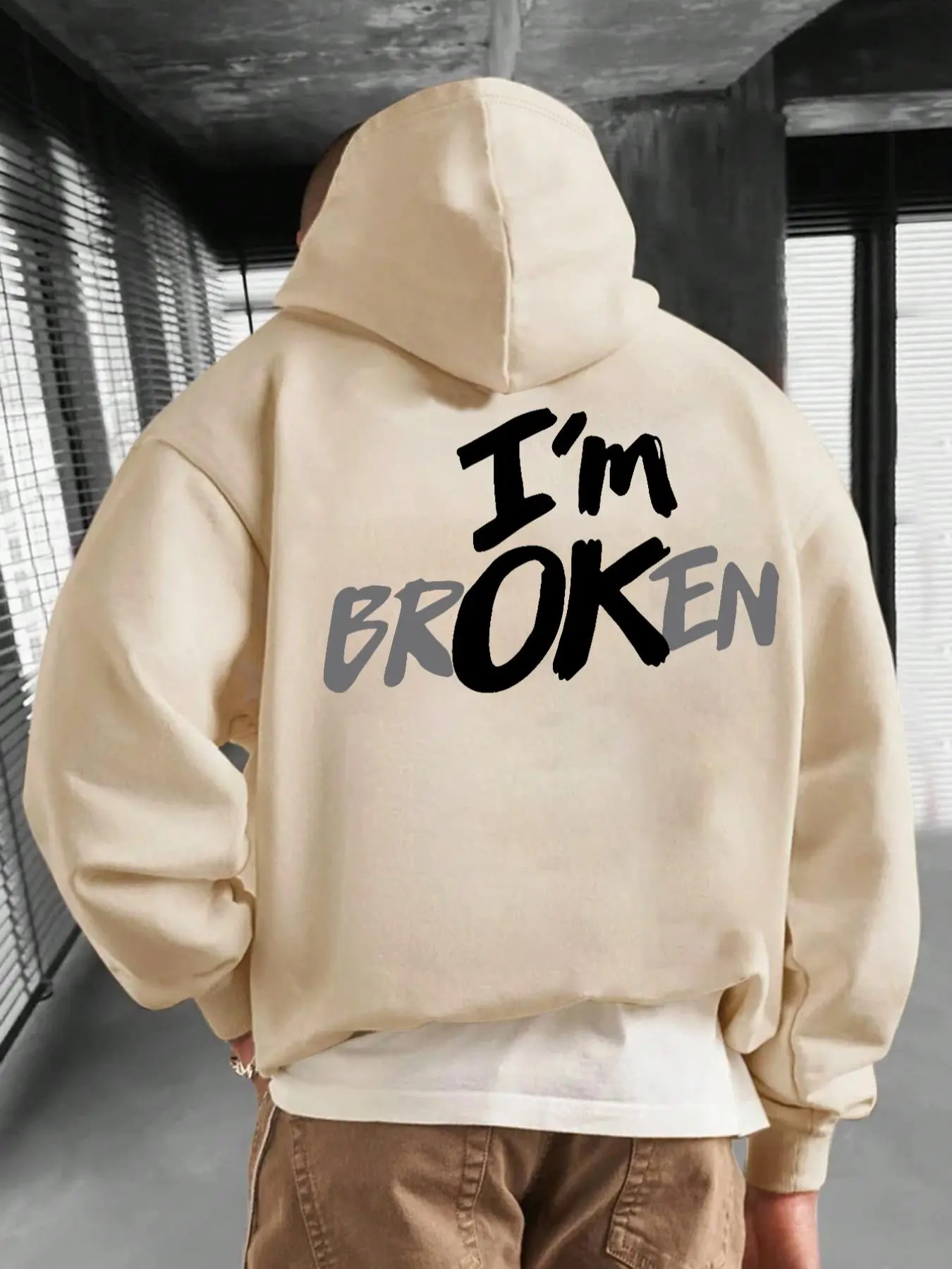 Men's "I'M OK" Letter Print Drop Shoulder Drawstring Hoodie, Street Fashion Regular Fit Pocket Hooded Sweatshirt for Daily Outdoor Wear, Men's Clothes for Spring