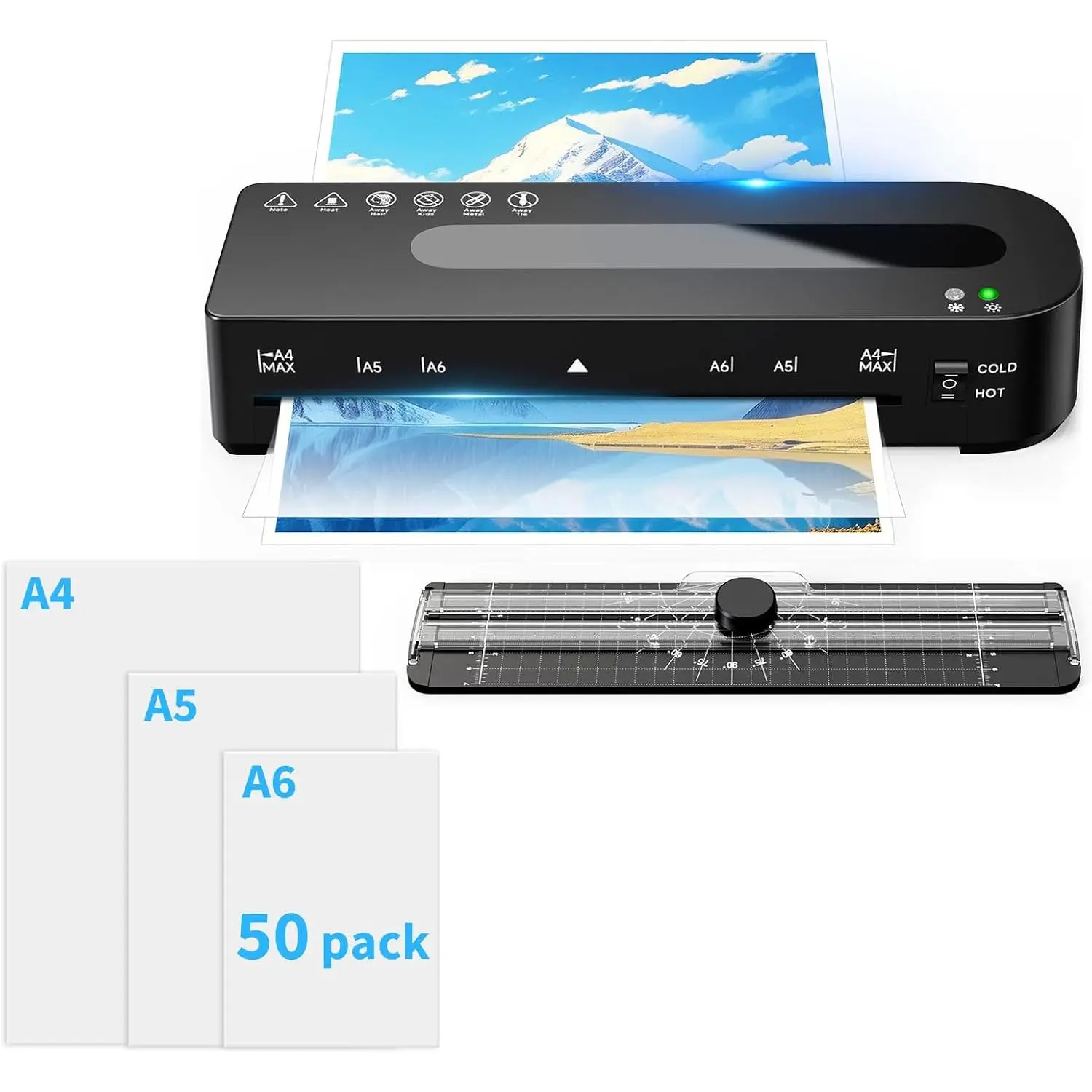 Laminator Machine, A4 Laminators Hot & Cold with 70 Laminating Sheets and Trimmer, 9 Inch Laminating Machine for Office, School, Business and