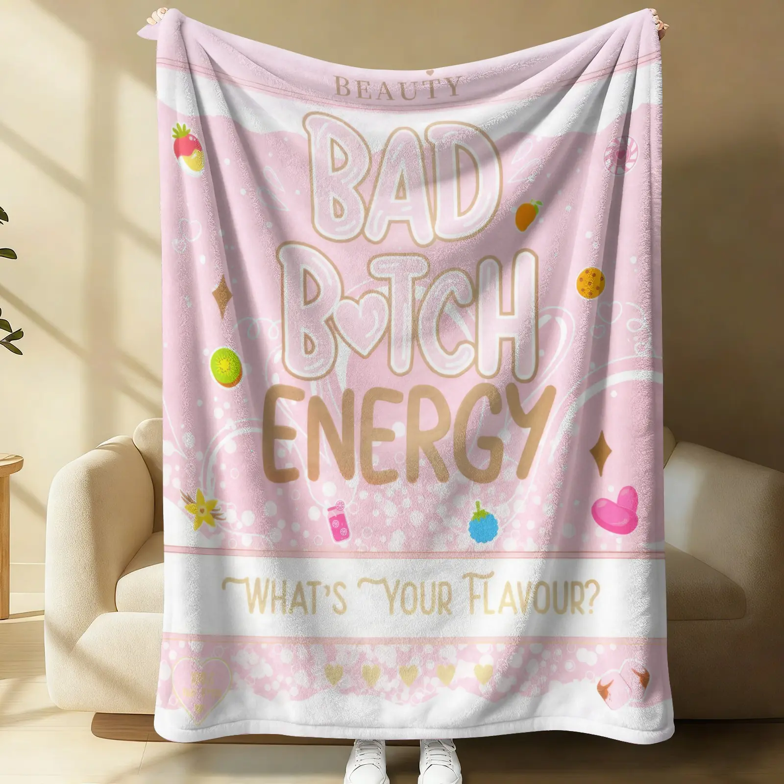 Y2K Bad Btch Energy Fruit Bubble Print Flannel Throw Blanket, Oversized Lightweight Multi-Purpose Soft Warm Cover for Sofa Bed Home Nap Travel Camping Outdoor, Pink Girly Aesthetic Decor Blanket, Ideal Birthday Holiday Gift for Women Girls