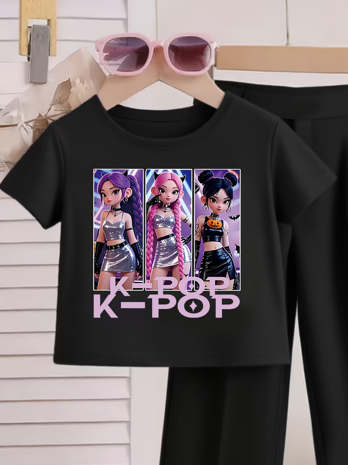 1Girl Group Graphic Tee, Korean Fashion Tee, Trendy Stylish Girls' Printed T-Shirt, Casual Short Sleeve Tshirt, Letter Pattern Tshirt, Fun Pattern Daily Wear Tshirt (T-Shirt Solely, Pants Not Included)