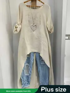 Women's Irregular Long Sleeve Shirt, Round Neck Loose Fit, Vintage Front Short Back Long Design, Spring & Fall Fashion Top