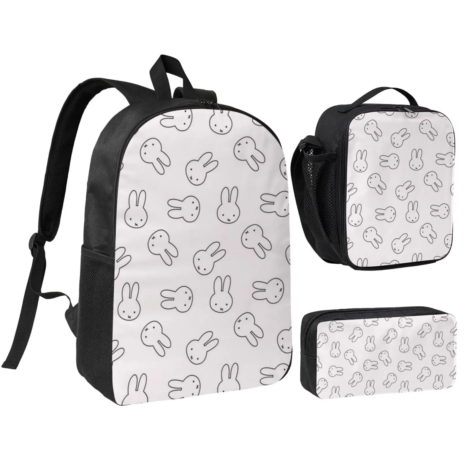 Anime Miffy4 3-Piece Kids' School Backpack Set, Adjustable Strap Bookbag with Insulated Lunch Bag & Pencil Case, Lightweight, Cute Print, Prop 65 Safe, Back to School Haul