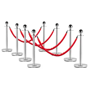 Stainless Steel Stanchion Posts Set with Red Velvet Ropes - Silver Crowd Control Barriers with Fillable Hollow Base for Events, Weddings, and Hotels - 8 Pack
