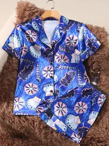 Women's Comfortable Ice Silk Short Sleeve Pajamas, Collar and Button Front Shell Print Design, Cozy Nightwear Sleepwear
