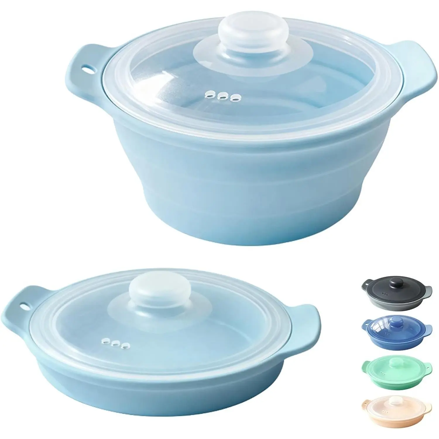 42oz Silicone Microwave Steamer Cookware - Collapsible BPA-Free Small Steam Pot with Handle, Lid, Holes, Rack, Dishwasher Safe for Vegetables, Rice (Blue, 1 Pack)