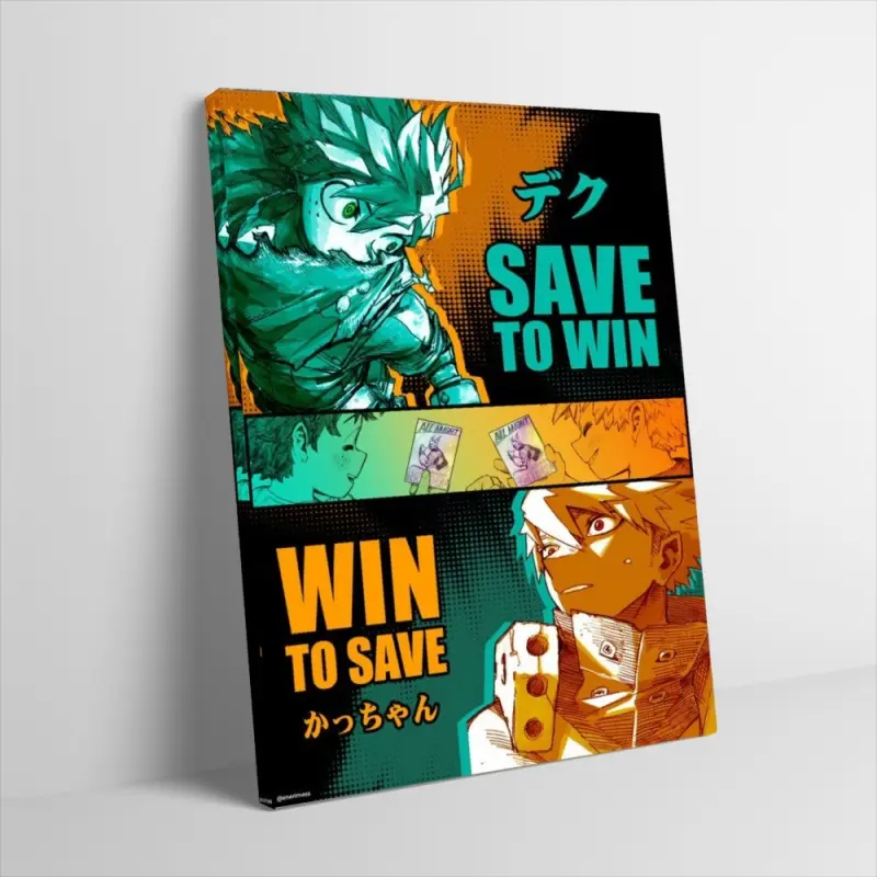 Deku and Bakugo Poster Canvas Wall Art Save to Win Win to Save My Hero Academia Manga Panel Split Art Print Colorful Home Wall Art Decor for Gaming Room Kids Boys Bedroom Otaku Wallpaper Decor Unframed