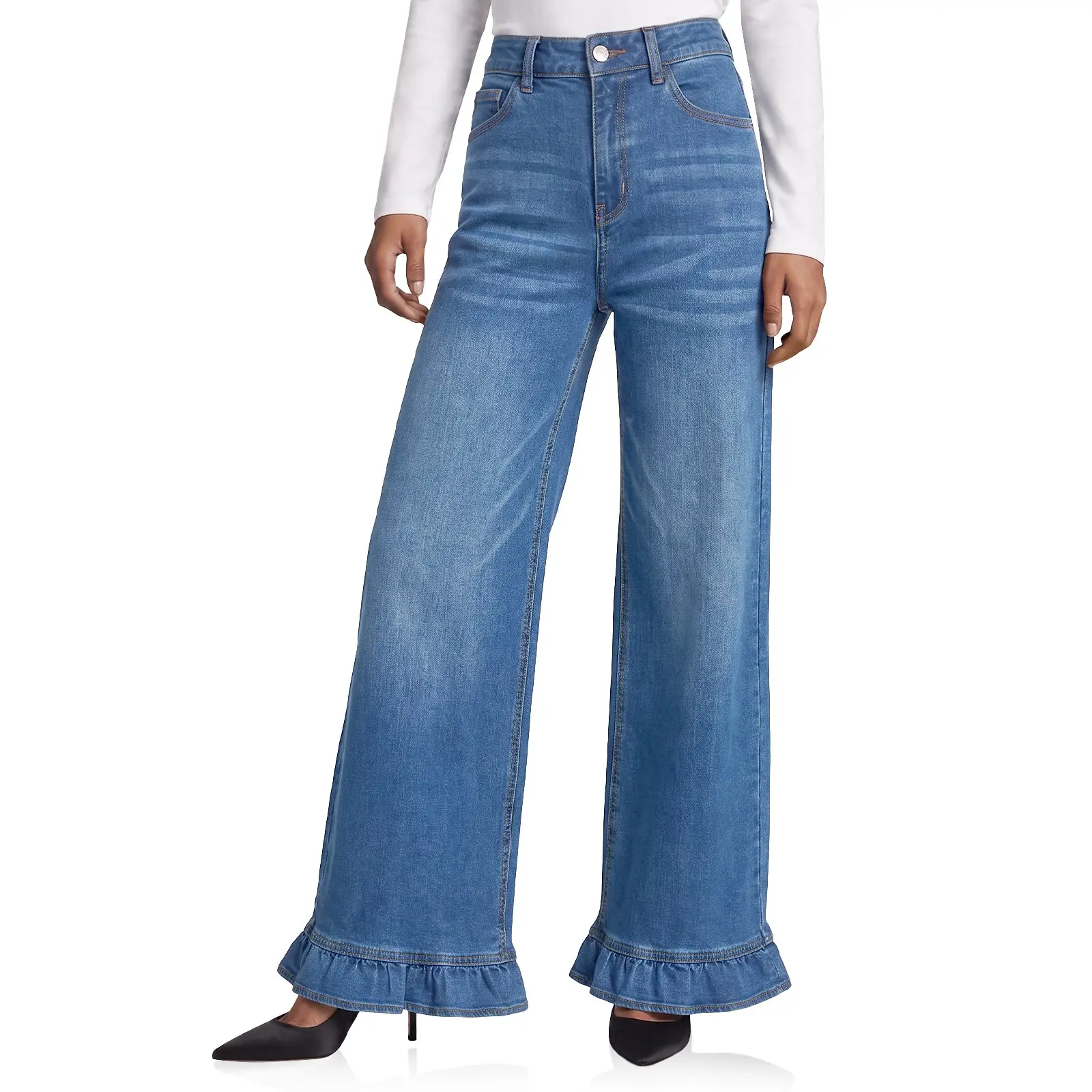 Cicy Bell Women's Wide Leg Ruffle Jeans Baggy High Waisted Denim Pants | Stretch Washed Denim, Multi Pockets, Zip Button Closure, Losse Fit, Vintage Jeans