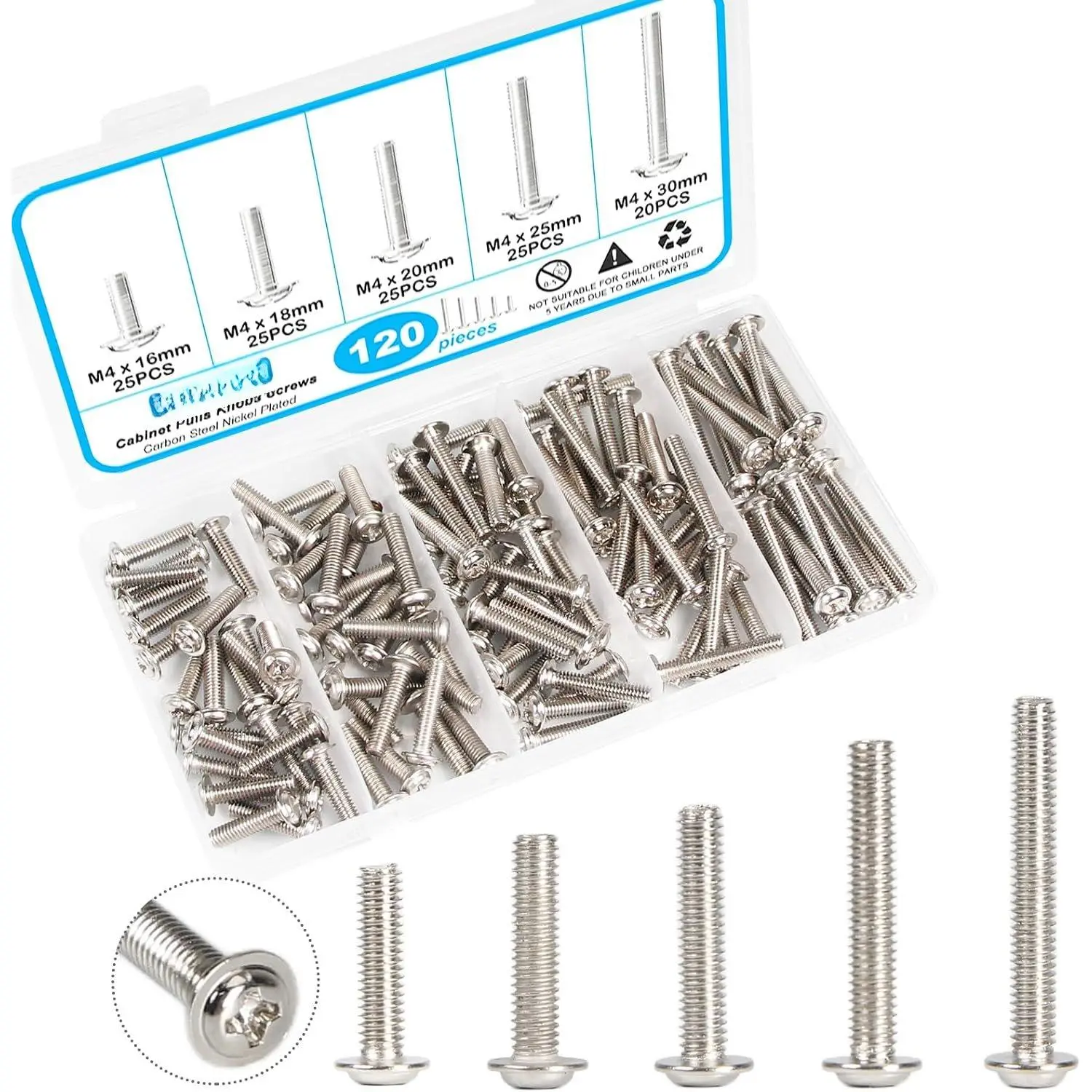120 count Cabinet Pulls Knobs Screws, M4×16/18/20/25/30mm, Machine Screws Pan Washer  Metal Phillips Screws Kit for Cabinet Drawer Cupboard Closet Handles Install