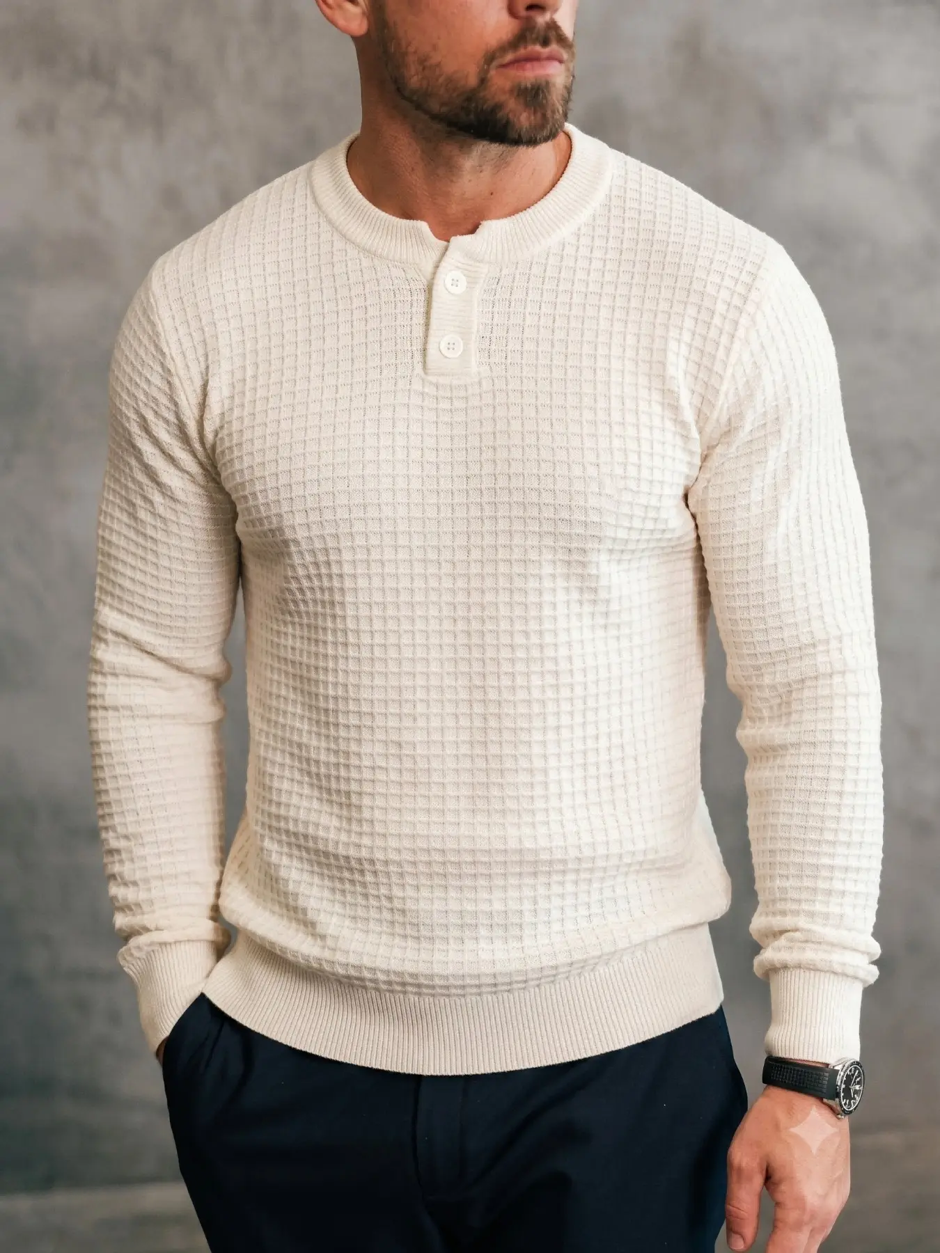 Men's Casual Gingham Knit Sweater, Long Sleeve Loose Fit Pullover, Spring & Fall Fashion, Dark Plaid Half Button Cardigan