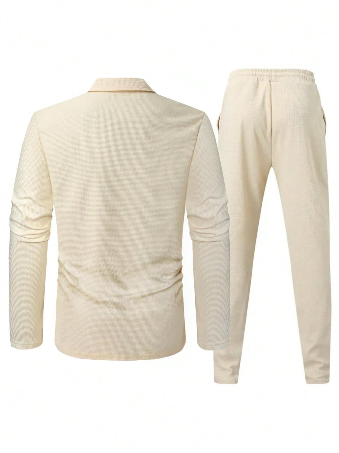 Men's Solid Color Zip Polo Shirt and Drawstring Waist Pants Set, Stylish Long Sleeve Top with Practical Pocket Design for Casual Sports