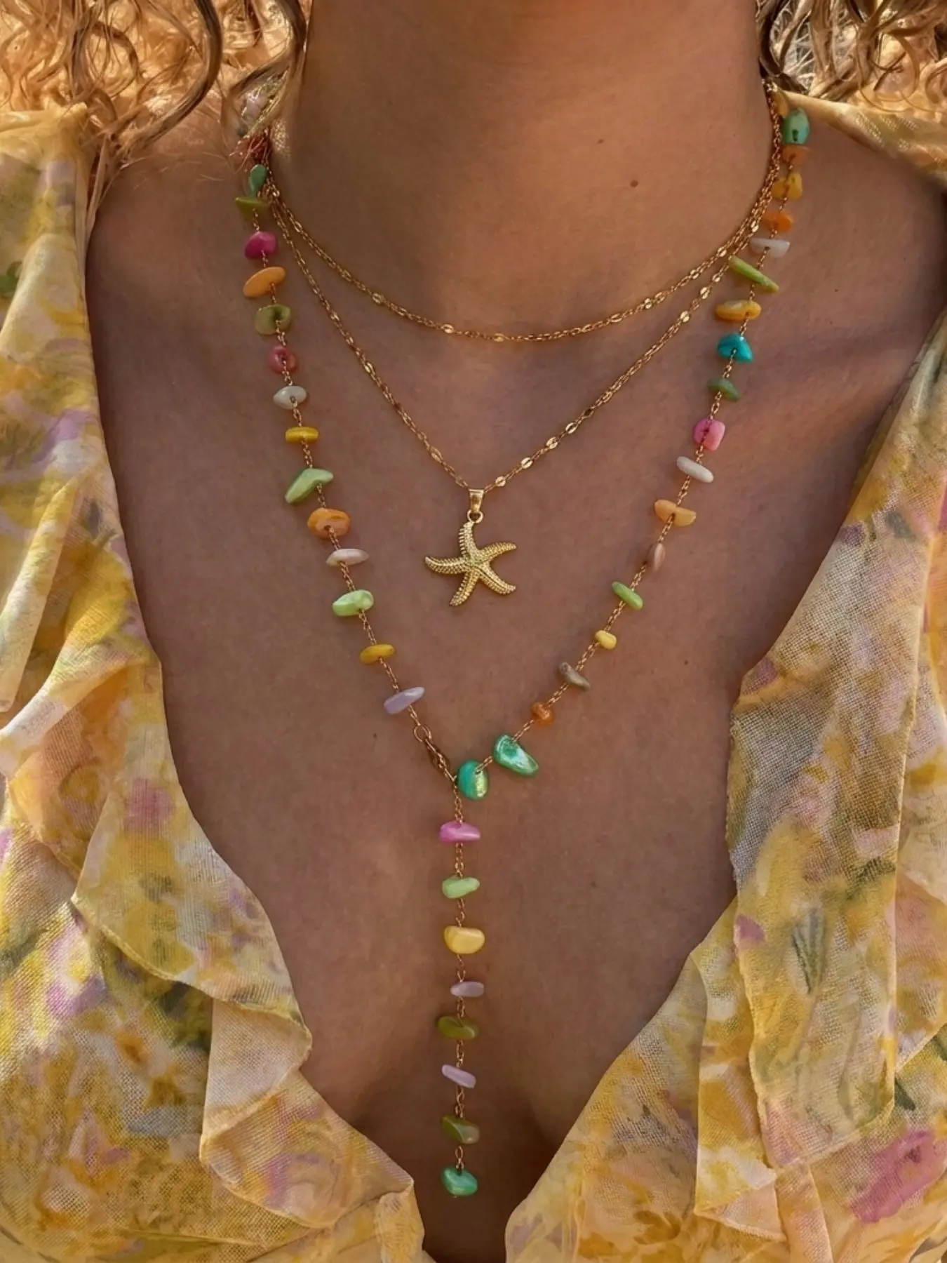 Multilayer Rainbow Stone Star Pendant Necklace, Clavicle Chain, Clavicular Necklace, Beach Vacation Accessory, Trendy Fashion Jewelry, Chain Necklaces