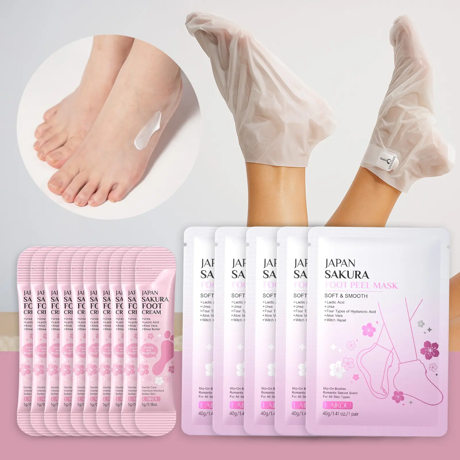 Laikou Sakura Exfoliating Foot Mask & Foot Cream Skincare Set, For Rough Cracked, Dry Feet, Dead Skin Removal - Foot Peeling Mask for Baby Soft Feet - Spa Experience at Home & Gift Ideas - Sakura Scented