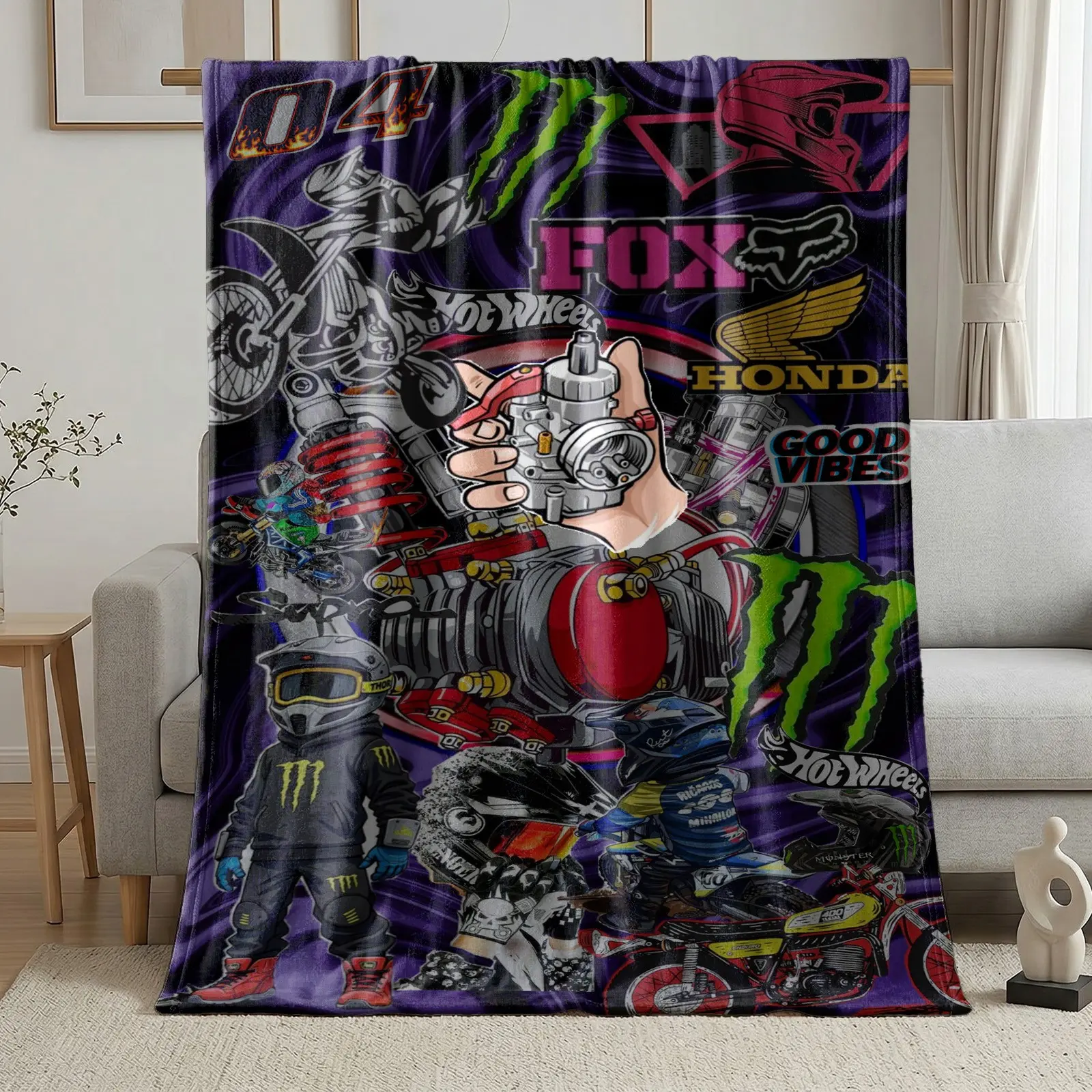 1pc Purple Background Off-Road Motorbike Modified Brand Collage Fleece Blanket, full print dirt bikes, motorcycle riders, engine carburetors, Monster energy logos, FOX & HONDA emblems, shock absorbers, helmets, hardcore street motorbike modification colla