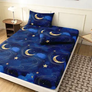 3 Pieces Deep Blue Golden Crescent Moon Starry Sky Print Fitted Sheet Set, Gold Star Swirl Cloud Celestial Night Print Bedding, Soft Microfiber Dreamy Galaxy Bedding Decor (1 Fitted Sheet + 2 Pillowcases, No Pillow)
