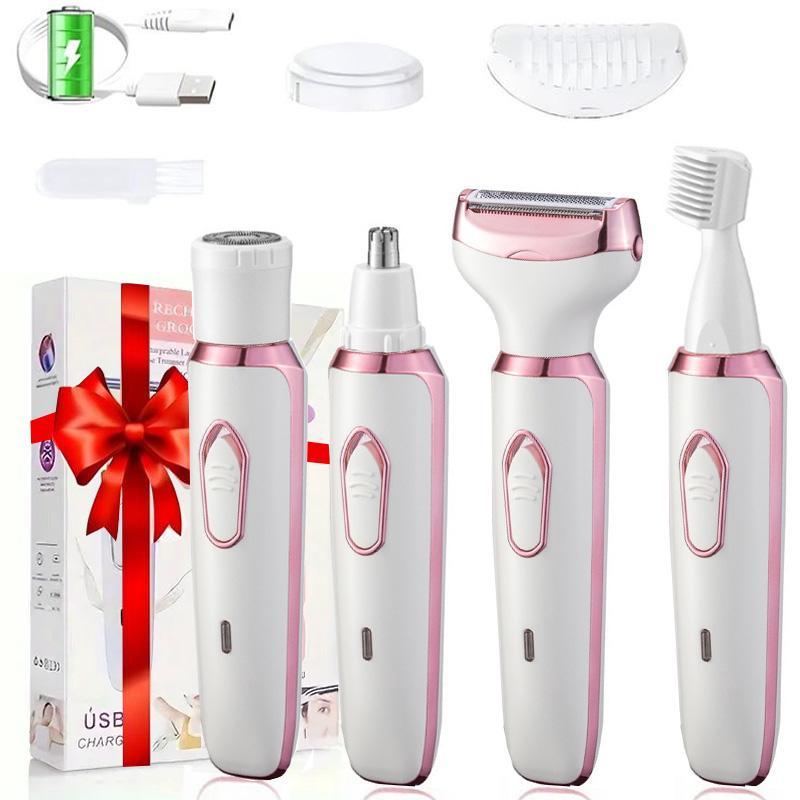 4 in 1 Electric Shaver, 1 Box USB Rechargeable Hair Removal Tool with Replacement Heads, Gentle Hair Removal Tool for Face, Eyebrow, Nose, Arm, Leg, Body, Rechargeable Shaver Machine, Shaving Machine, Personal Care Appliances