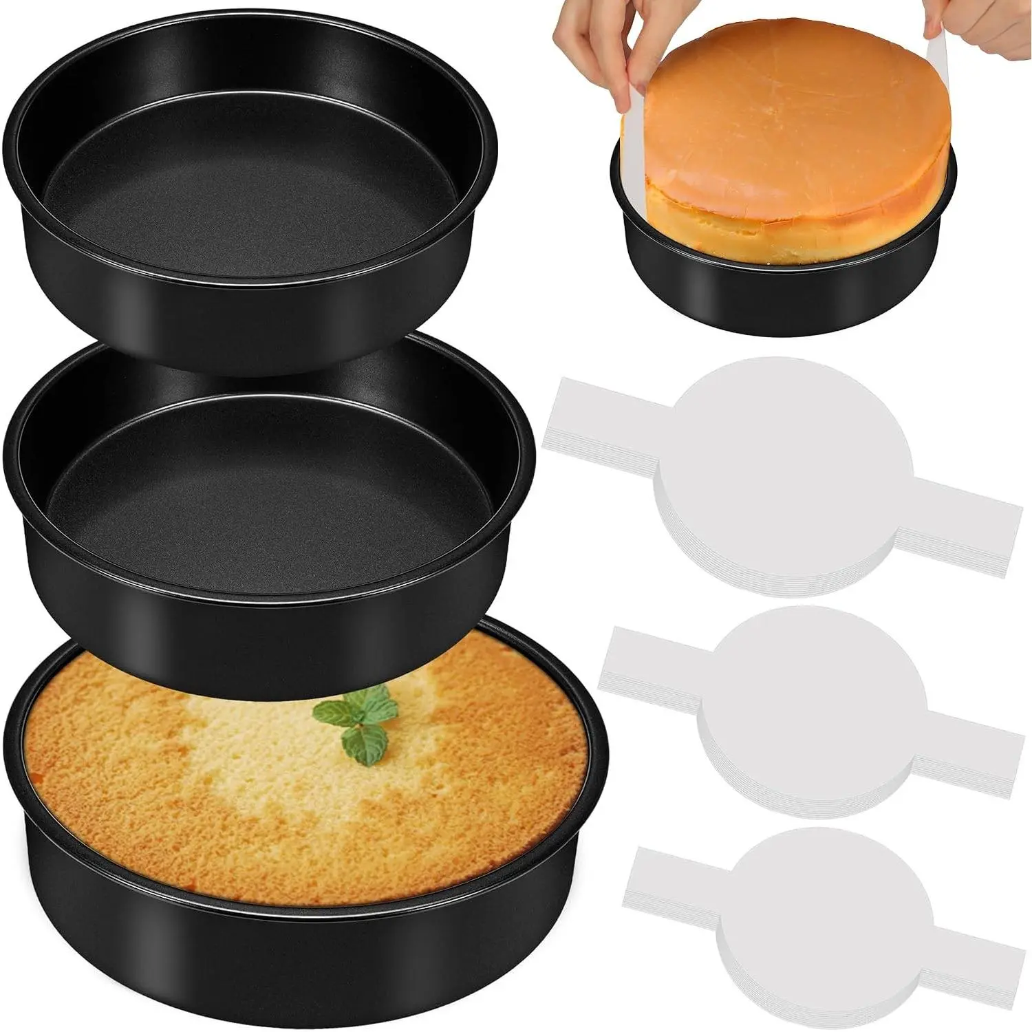 3PCS Round Circle Cake Pans Set, 6/8/10 Inch Baking Cake Pan with 90 Pcs Parchment Paper for Home Baking