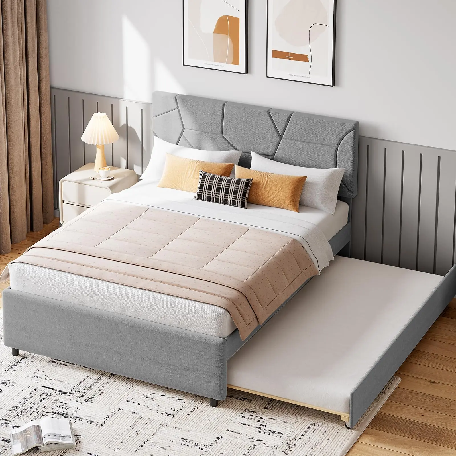 Full/Queen White Trundle Bed Frame with Pull-Out Twin Bed & Upholstered Headboard, No Box Spring