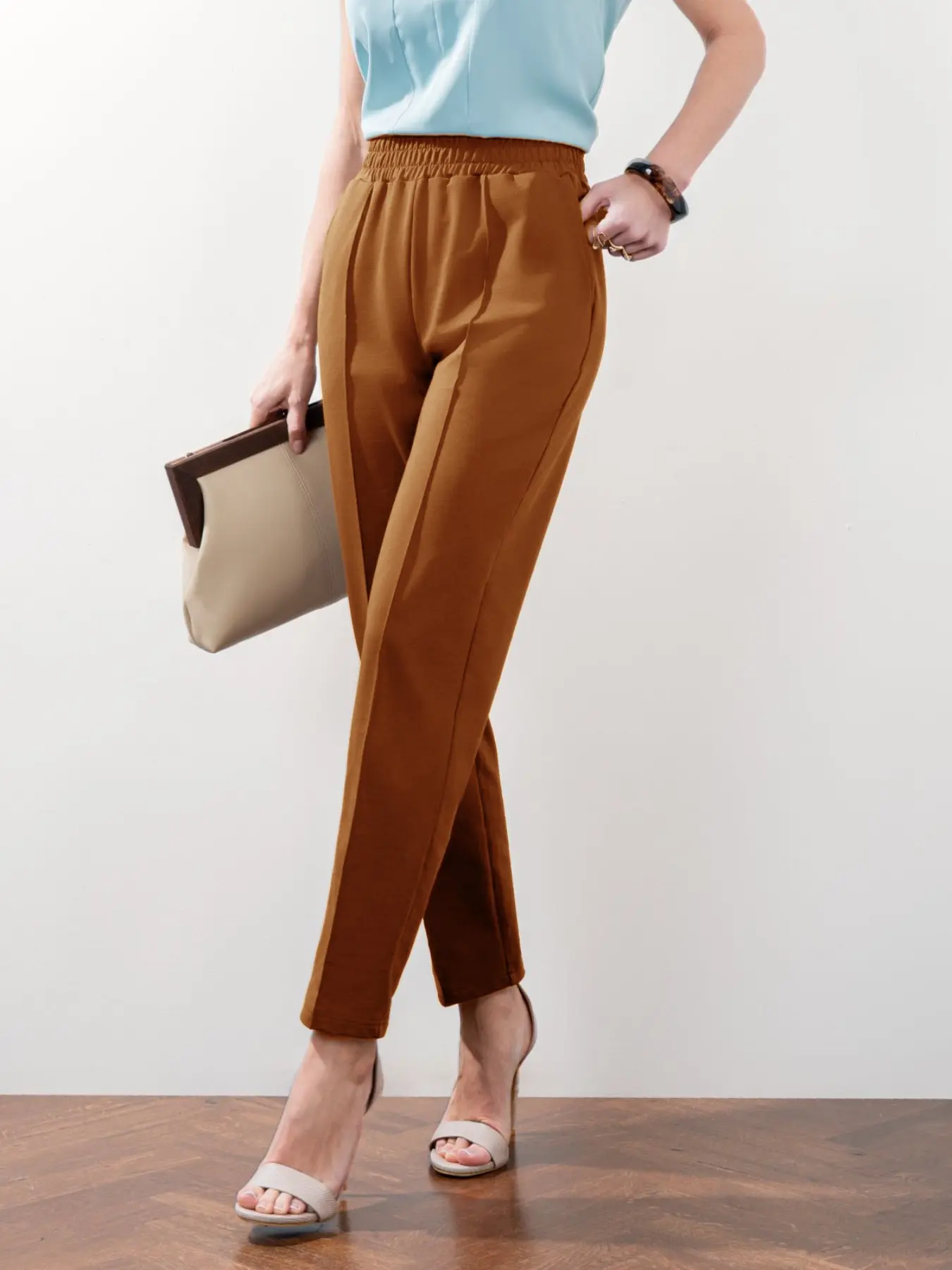 Buttonless Elastic Waist Slim Fit Ankle-Length Business Casual Pants, Spring & Fall Solid Color Unlined Plain Surface