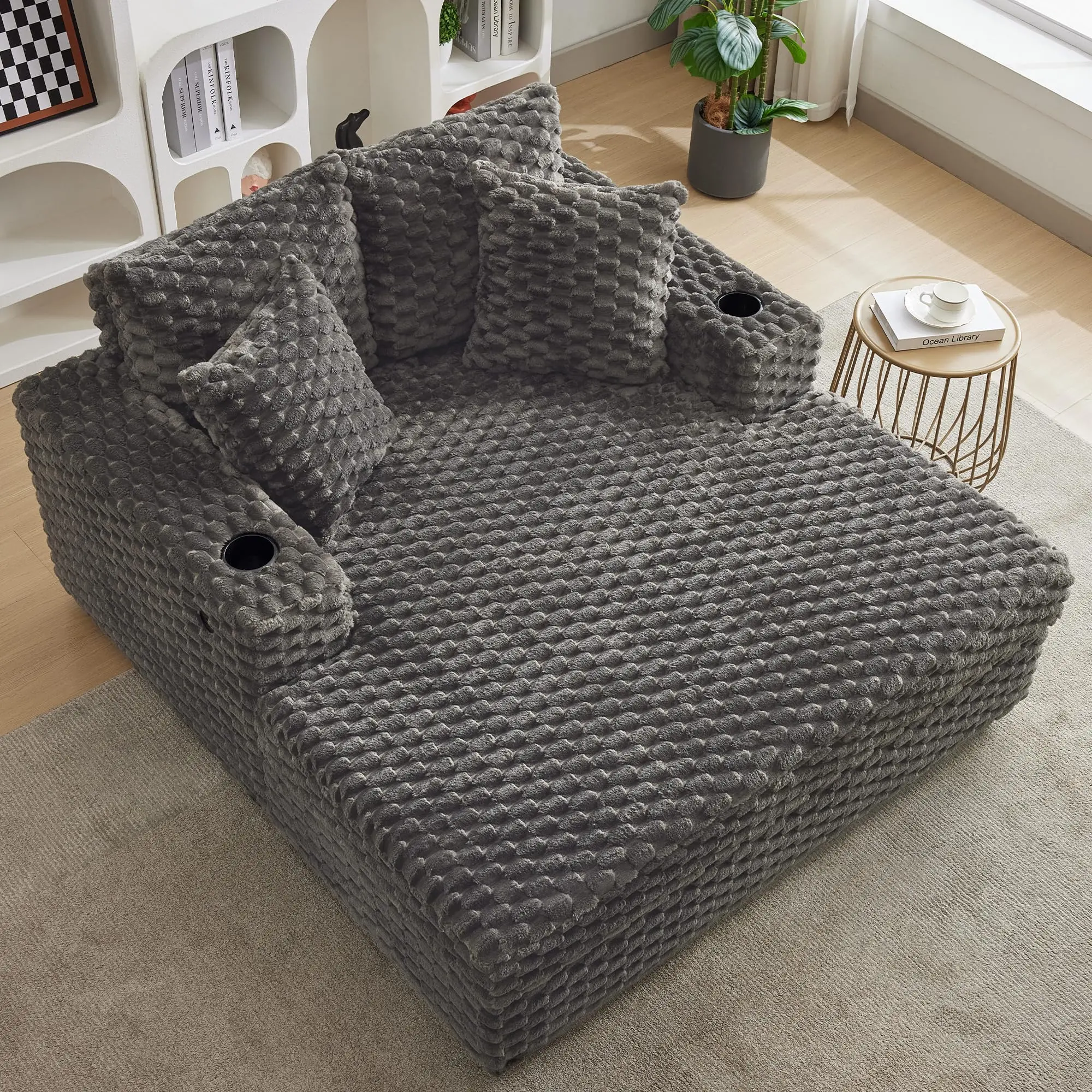 Garvee 60 Inch Oversized Chaise Lounge Sofa Bed with Upholstered Design, Throw Pillows, and Armrests - Cozy Sleeper Chair for Living Room, Bedroom, or Home in Grey