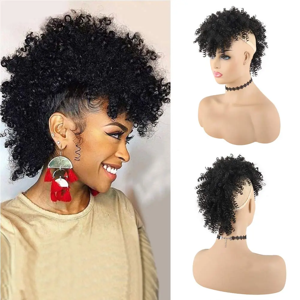 Afro High Puff Hair Bun Ponytail Drawstring With Bangs Synthetic Jerry Curly Mohawk Kinkys Curly Fauxhawks Pony Tail Clip in  Ponytails for Women Hair Extensions with six Clips(Black)