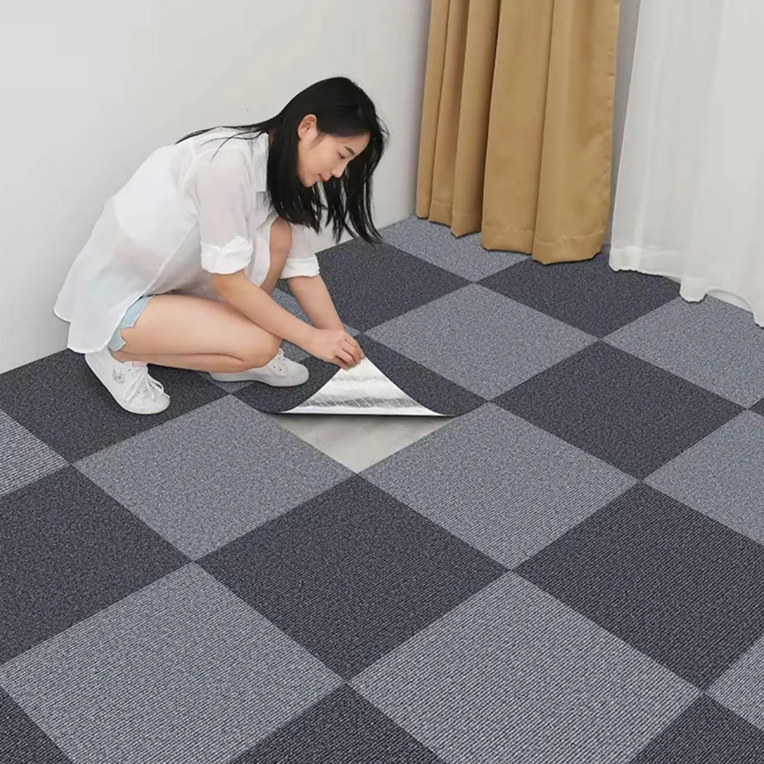 Detachable Square Rug Tiles 20-Piece Set, Soft Texture, Self-Adhesive, Non-Slip, DIY Cuttable, Reusable, Ideal for Living Room, Bedroom Floor Decor