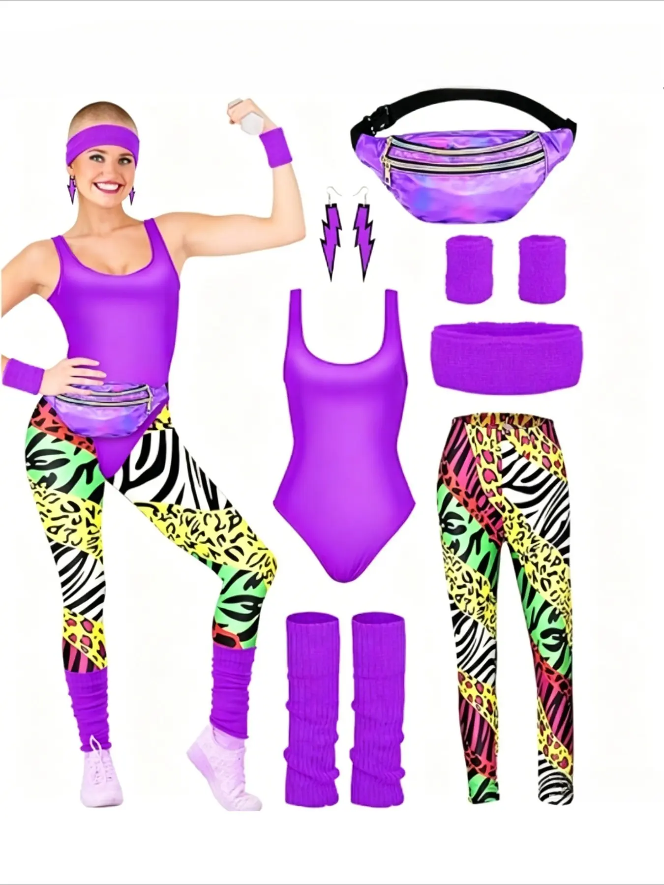 7-piece Retro Disco 80s Aerobic Sportswear Jumpsuit High Waisted Leggings Leg Guards and Waist Bags Party Performance Outfit