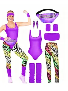 7-piece Retro Disco 80s Aerobic Sportswear Jumpsuit High Waisted Leggings Leg Guards and Waist Bags Party Performance Outfit