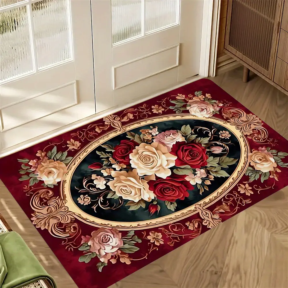 1 piece burgundy rose floor mat, French retro style/Valentine's Day scene, light luxury decorative floor mat for entry door, European floral pattern printed outdoor door mat, suitable for indoor/outdoor entrance, living room, bedroom, kitchen, dining room