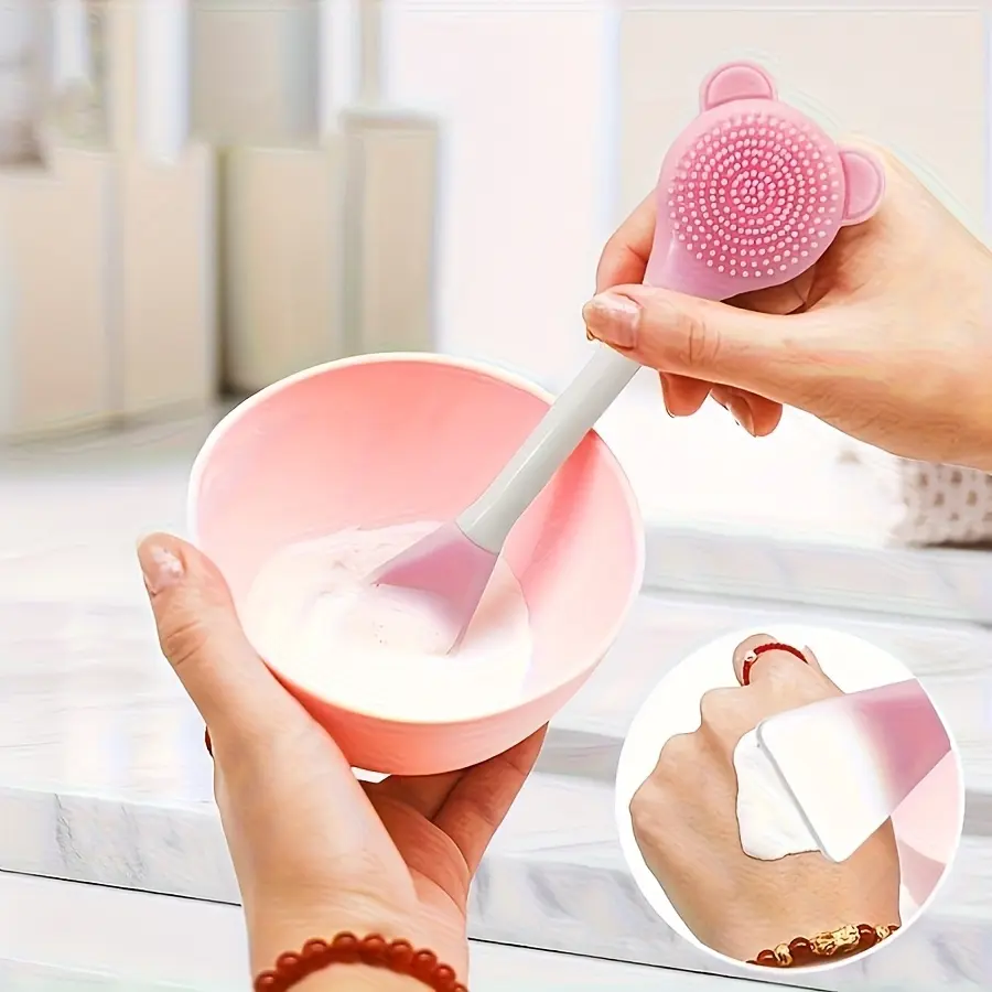 3-piece 2-in-1 Bear-shaped Silicone Cleansing Brush & Mask Applicator - Size Design, No Batteries Needed, Fragrant Skincare Tools, Stirring Stick, Spatula, Home Mask Care