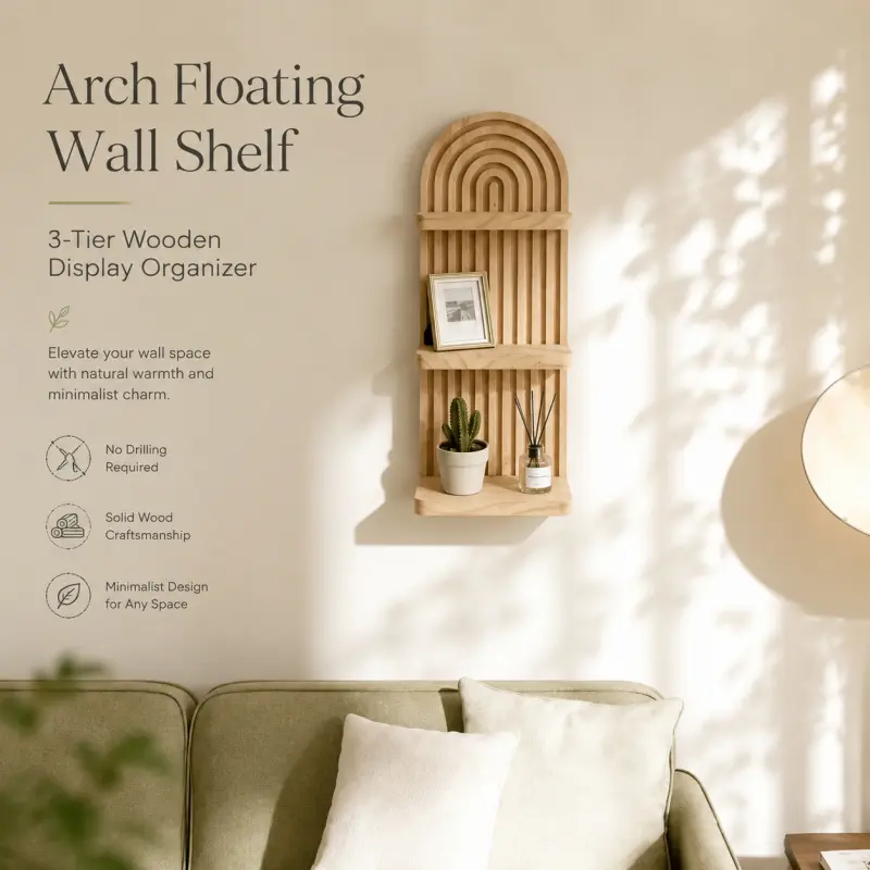 Arch Shaped 3 Tier Solid Wood Floating Wall Shelf No Drill Minimalist Slatted Wall Mount Display Organizer For Photos Plants Fragrance Decor Bedroom Living Room Entryway Storage Rack