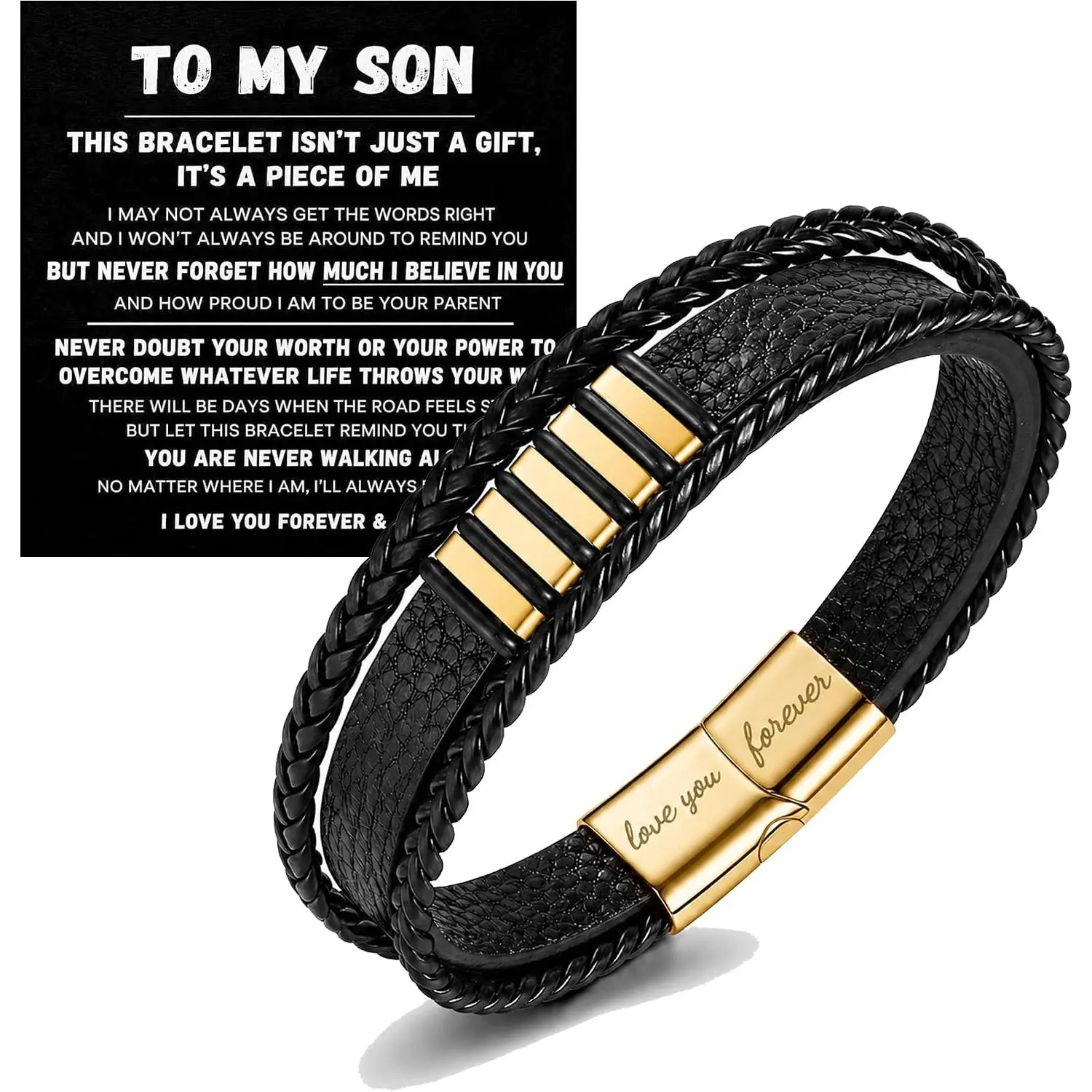 To My Son-Never Walk Alone Braided Bracelet from Mom Dad, Black Leather Braided Bangle Stainless Steel Cuff Engarved With Love You Forever Bracelet Inspirational  Birthday Christmas  For Men