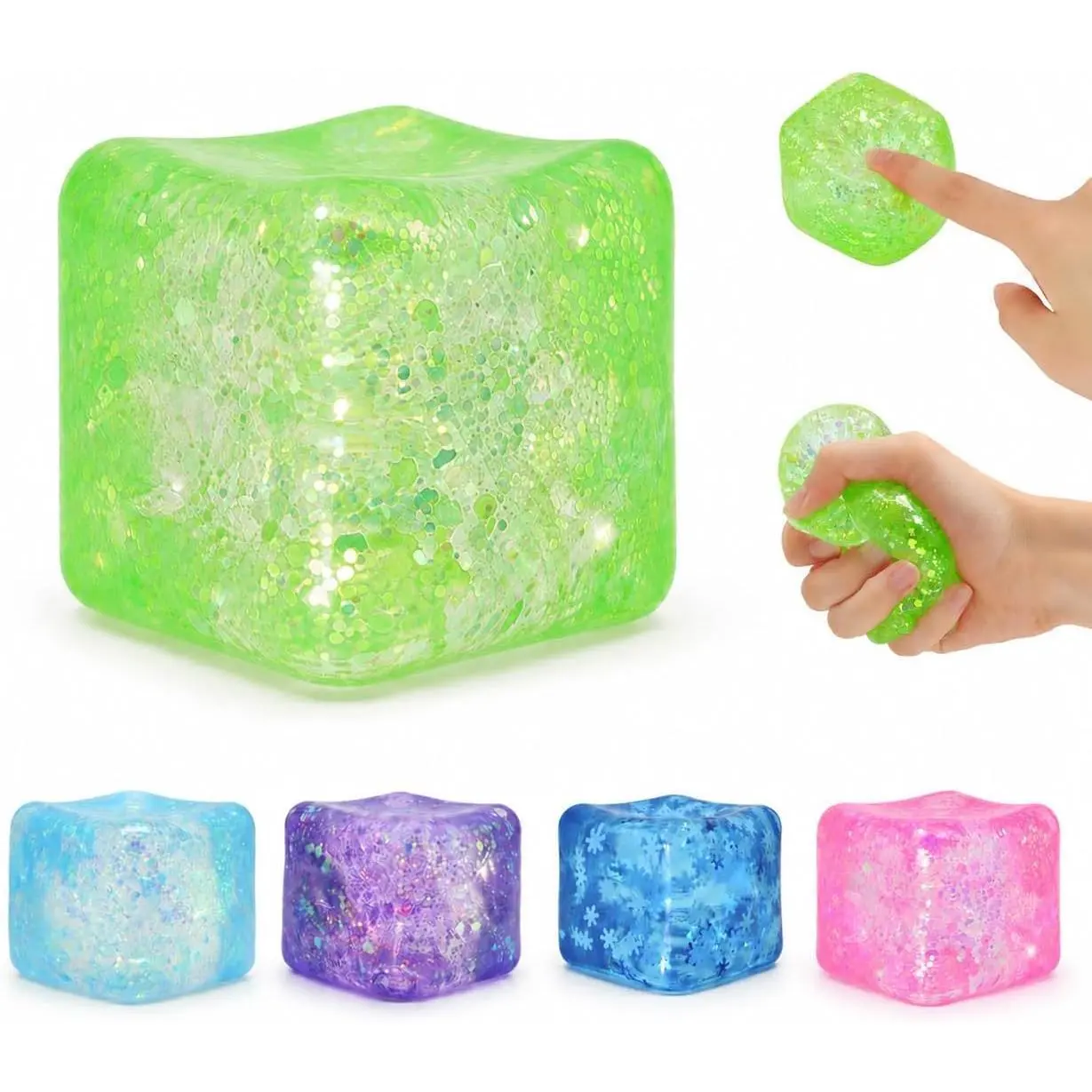 Cube Shaped Squeeze Balls, Super Solid Squishy Stress Relief Toys, Glitter Filled Squeeze Toys,Anxiety Relief Toys for Teens & Adults, Desk Fidget Decor (Green)