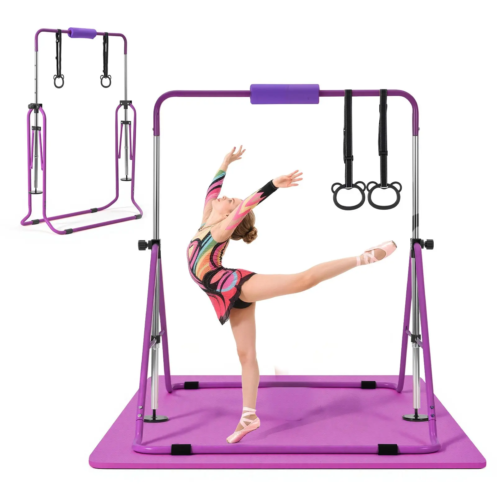 VEVOR Gymnastic Bars for Kids, 140 lbs Capacity Folding Training Kip Bar with Mat, Adjustable Height Gymnastic Horizontal Bar for Home, Training Equipment for Indoor Outdoor, Easy to Assemble, Purple