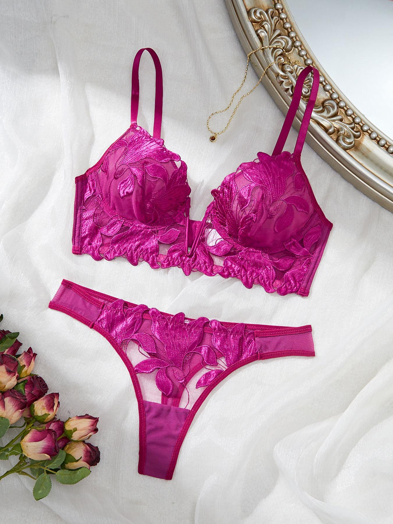 Women's Solid Color Floral Embroidery Adjustable Strap Underwire Bra & Panty Two-Piece Set, Sexy Comfortable Breathable Lingerie Set for Daily Wear, Underwear Set for Women
