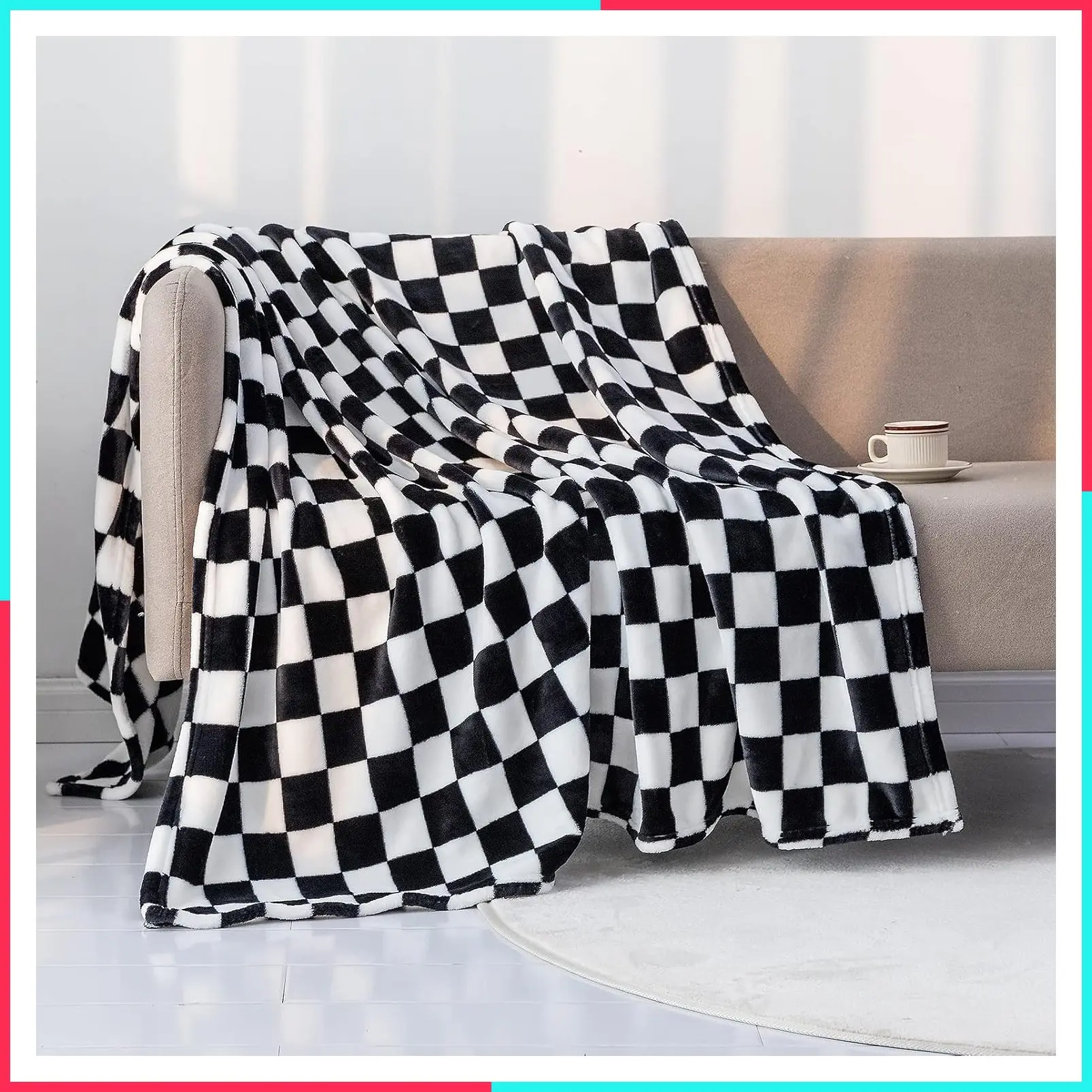 Flannel Throw Blanket with Checkerboard Grid Pattern, Soft Warm & Cozy for Couch, Bed, Sofa, All Seasons (Black, 50"x60")