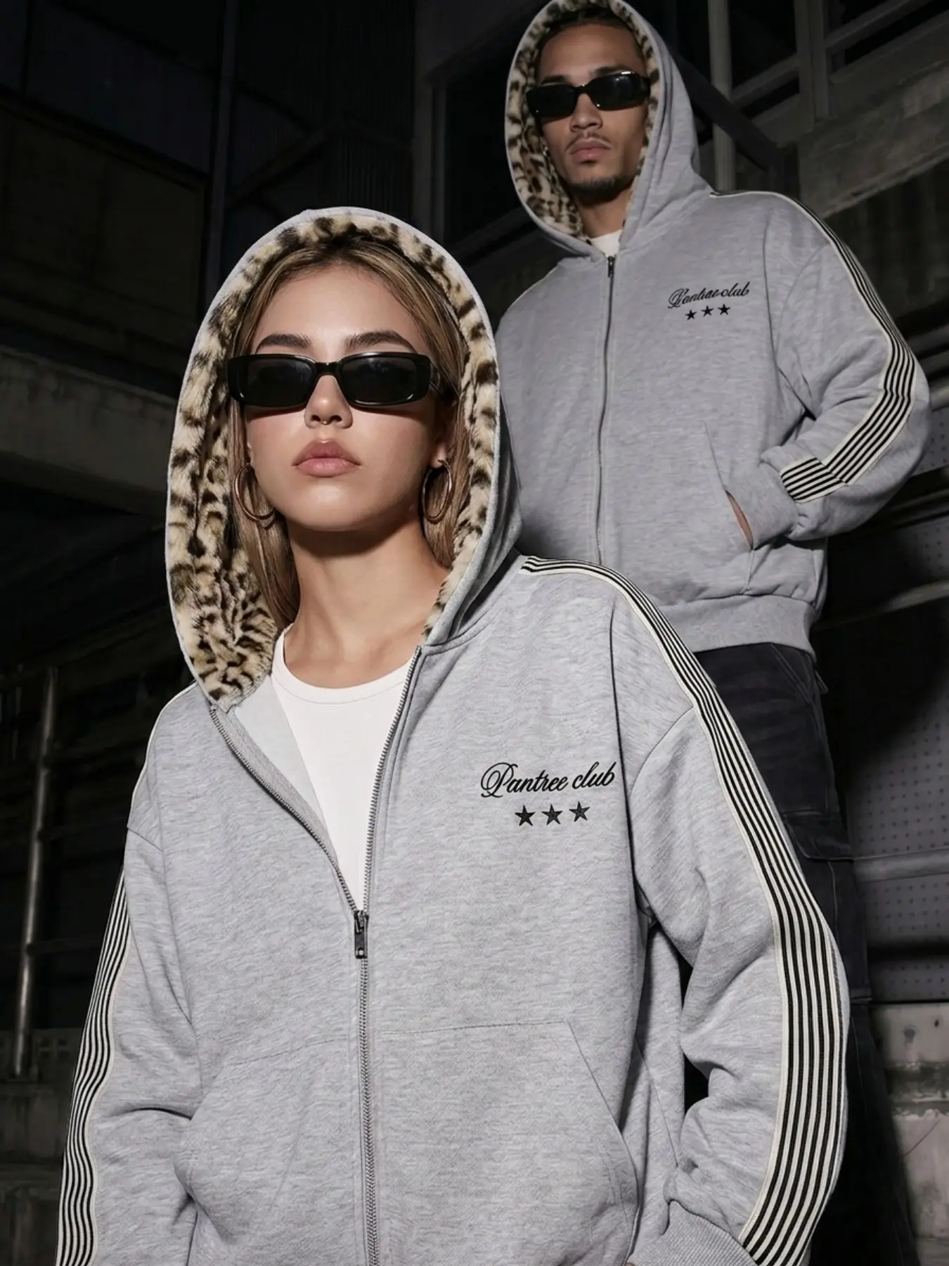 Men Women Leopard Print Fuzzy Hooded Casual Long Sleeve Jacket, American Vintage Side Stripe Embroidery Zipper Coat, Trendy Couple Open Front Sweatshirt, Casual Print Hoodie
